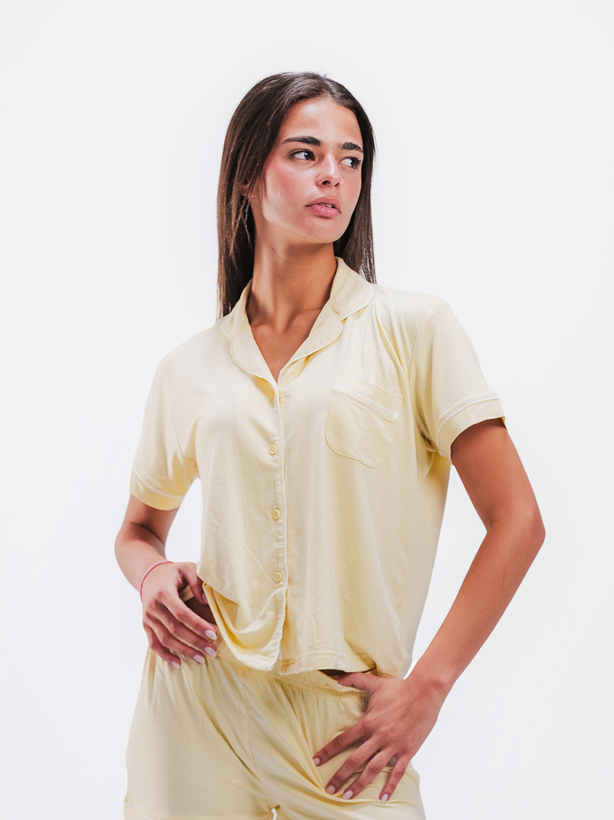 BUTTER YELLOW PIPED SHORT SLEEVE & SHORT SET
