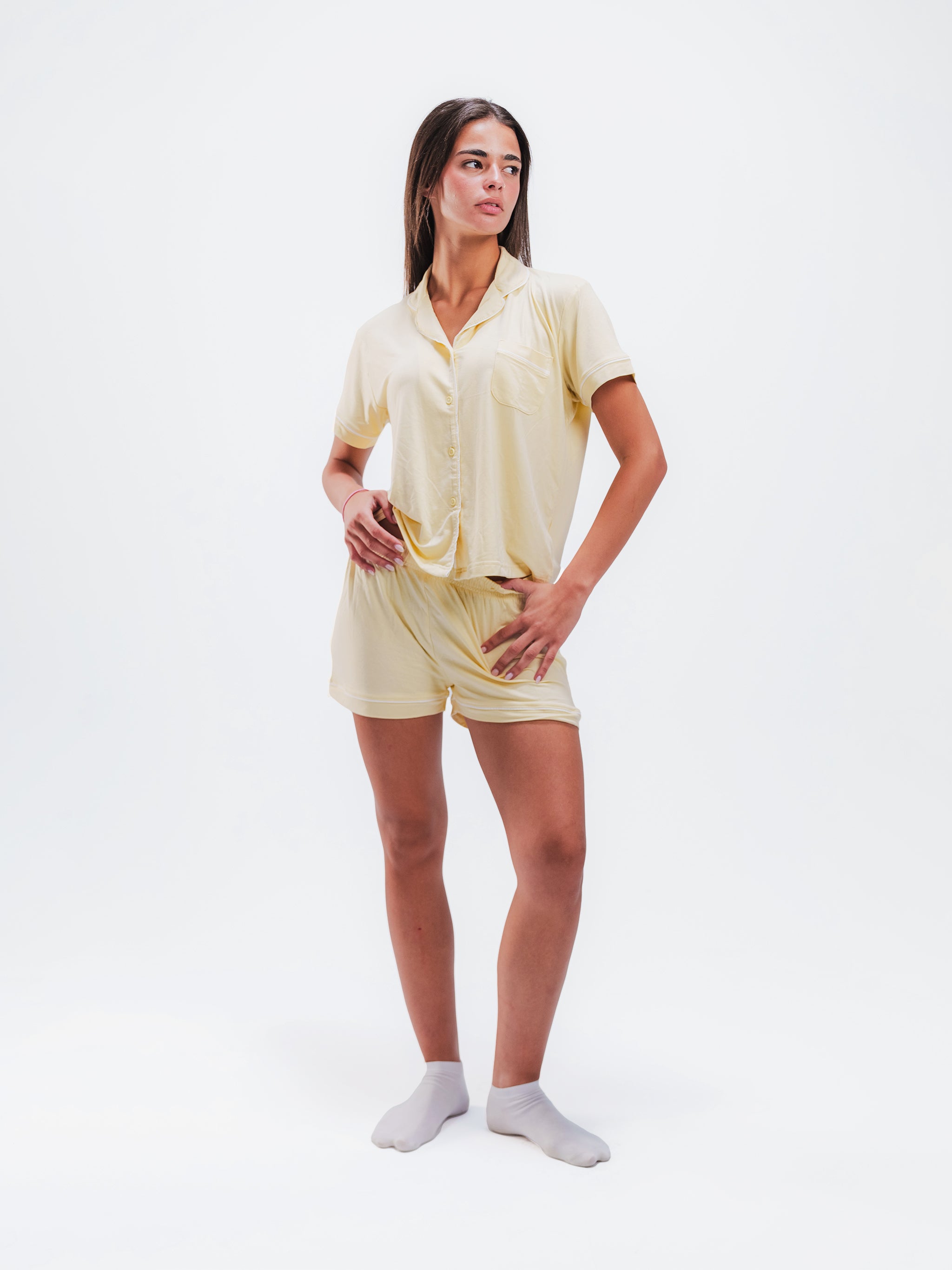 BUTTER YELLOW PIPED SHORT SLEEVE & SHORT SET