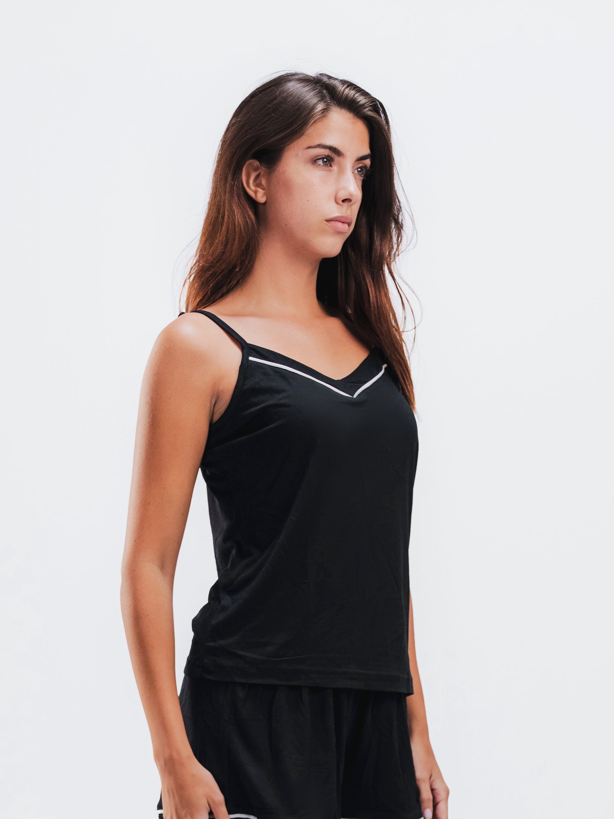 BLACK PIPED SPAGHETTI SHORT SET