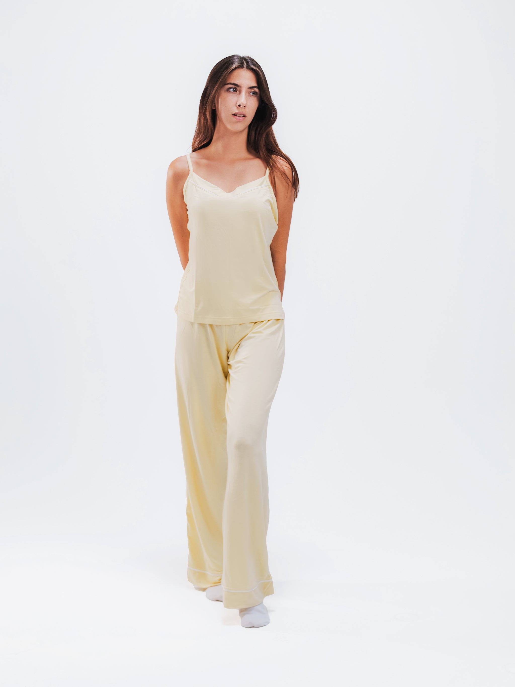 BUTTER YELLOW PIPED SPAGHETTI PANTS SET