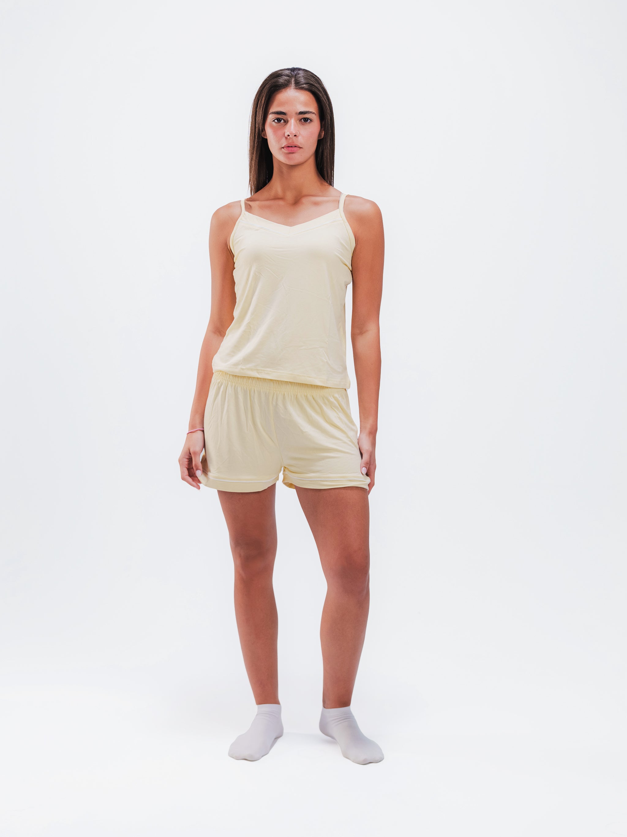 BUTTER YELLOW PIPED SPAGHETTI SHORT SET