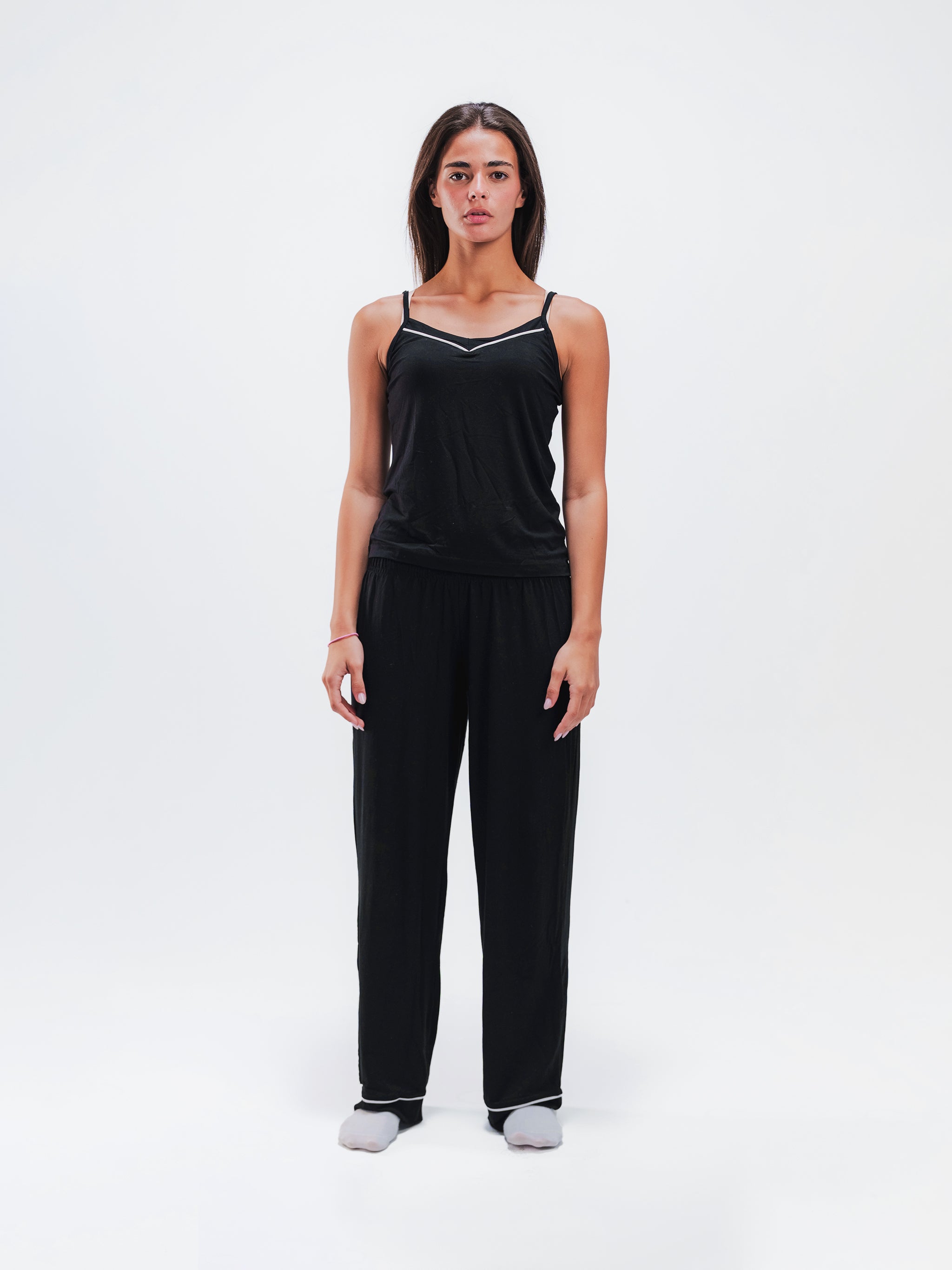 BLACK PIPED SPAGHETTI PANTS SET