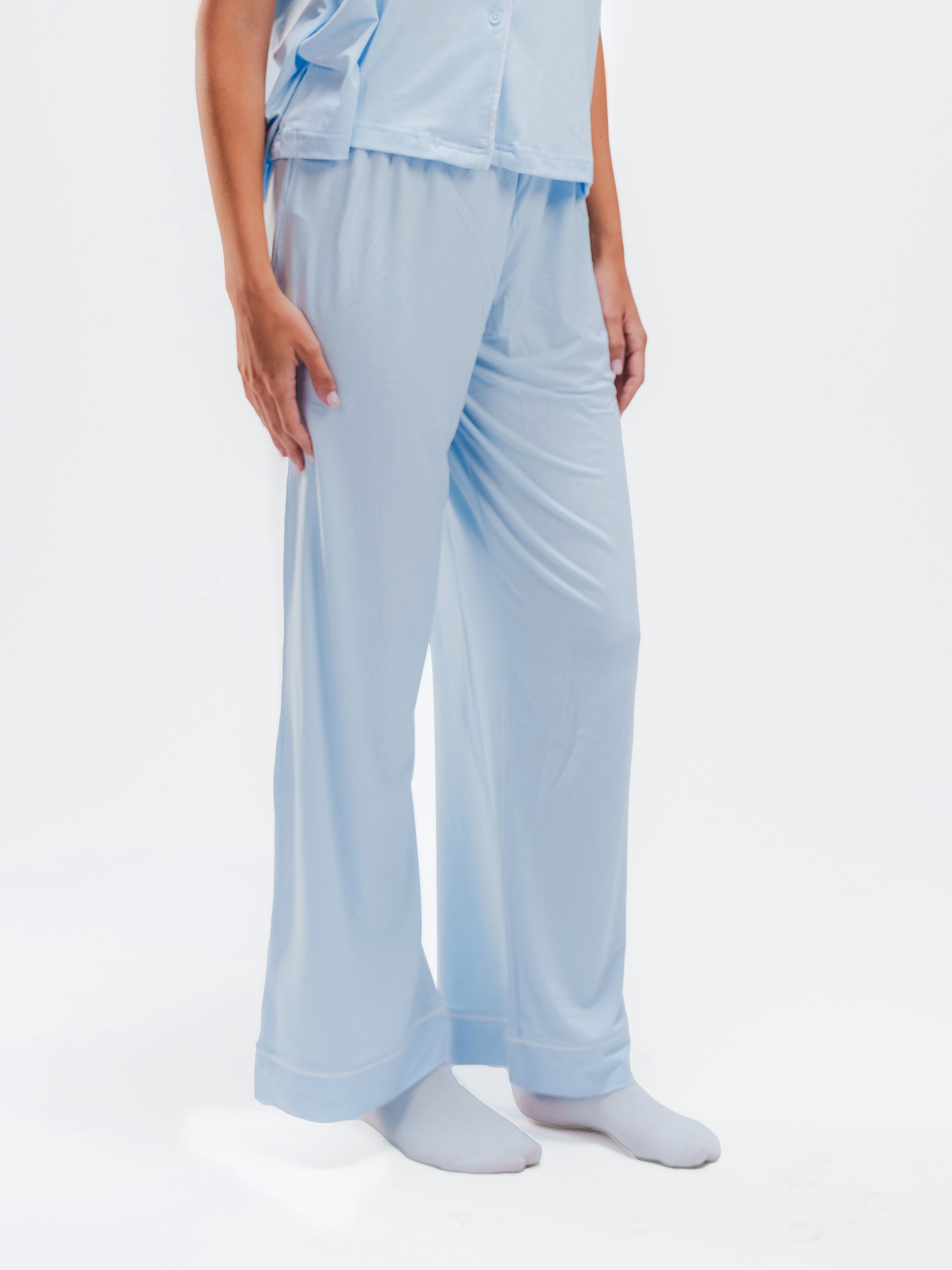 BABY BLUE PIPED SHORT SLEEVE & PANTS SET