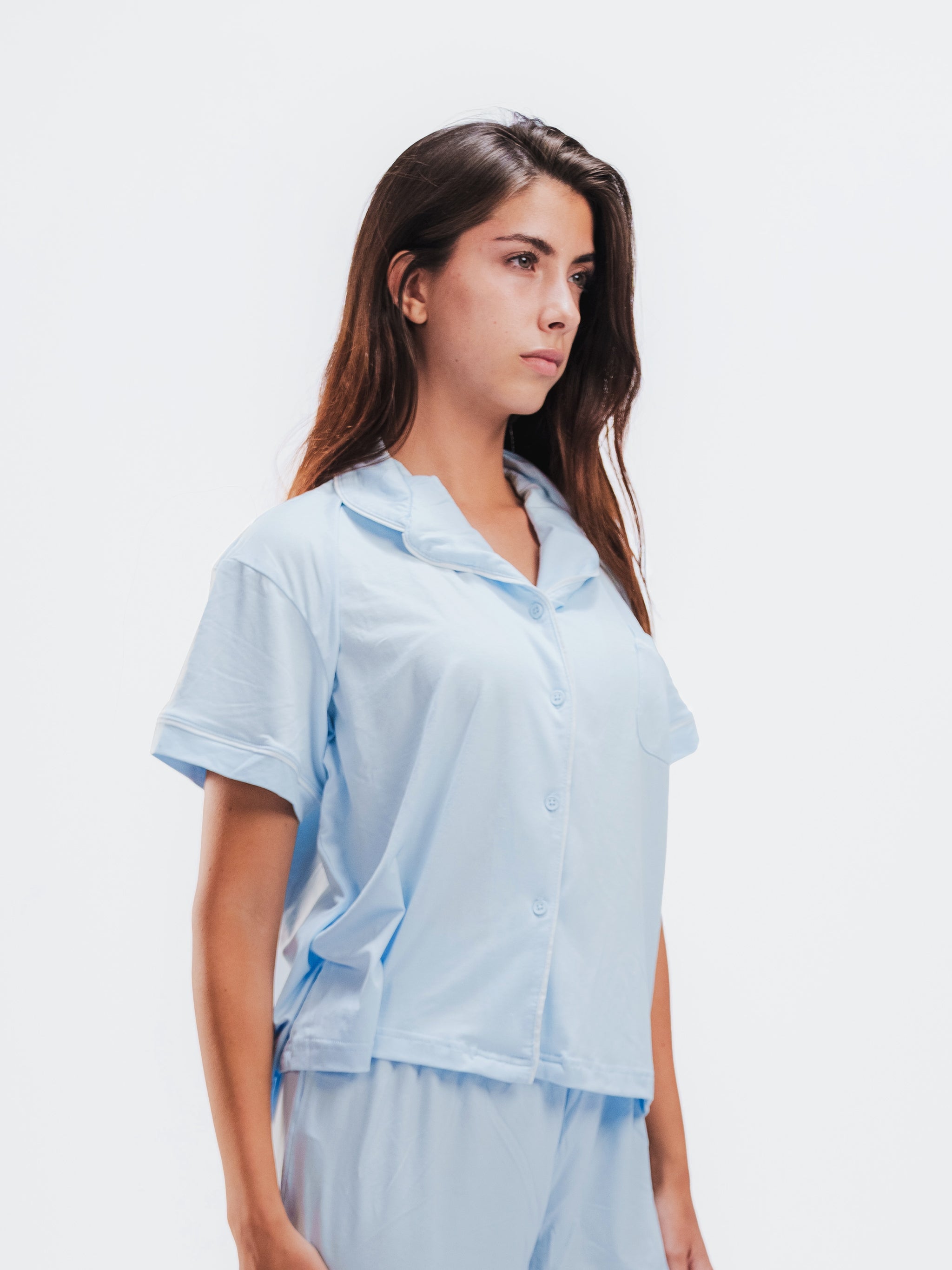 BABY BLUE PIPED SHORT SLEEVE & PANTS SET