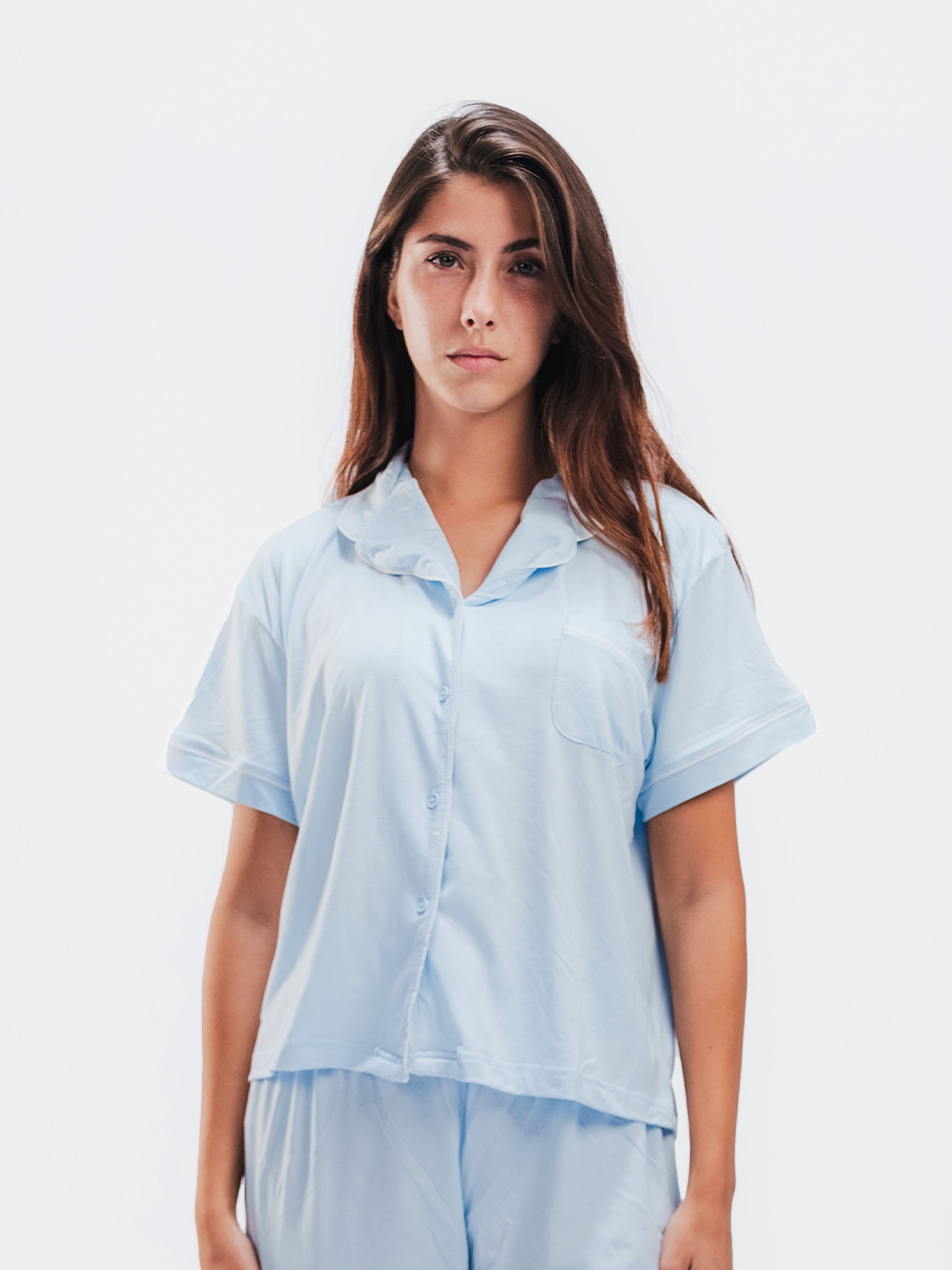 BABY BLUE PIPED SHORT SLEEVE & PANTS SET