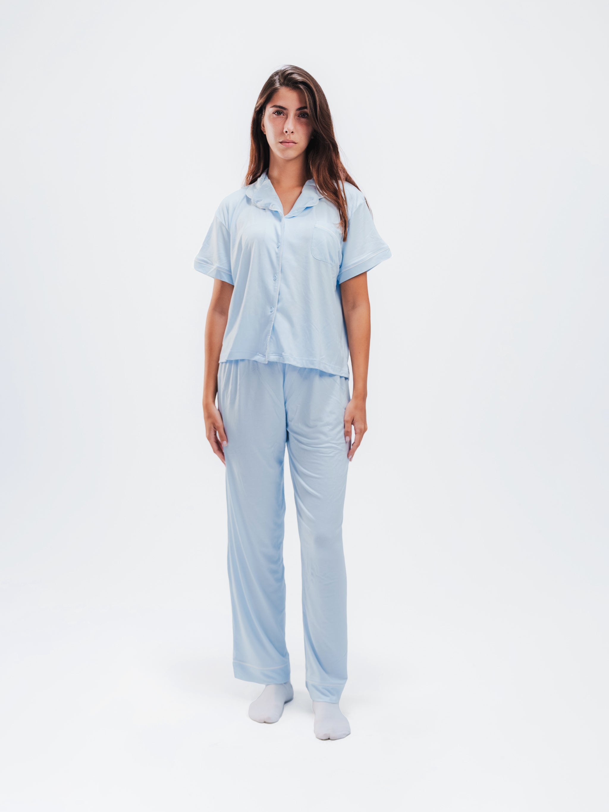 BABY BLUE PIPED SHORT SLEEVE & PANTS SET