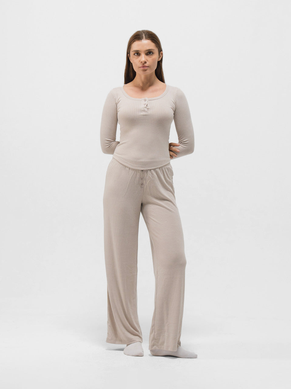 RIBBED COTTON BUTTON UP LONG SLEEVE PANTS SET
