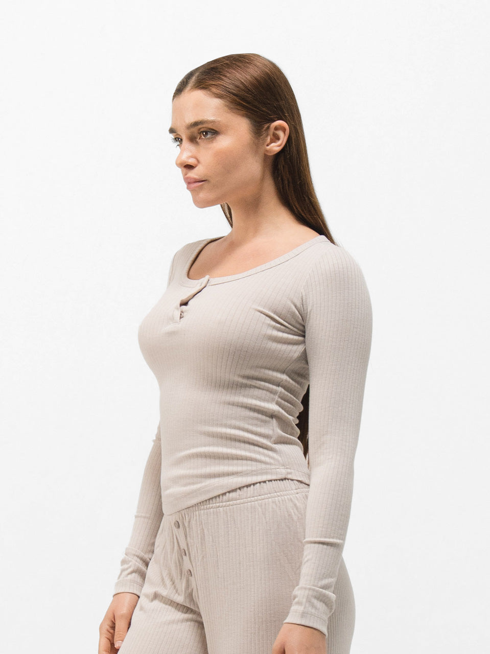 RIBBED COTTON BUTTON UP LONG SLEEVE PANTS SET