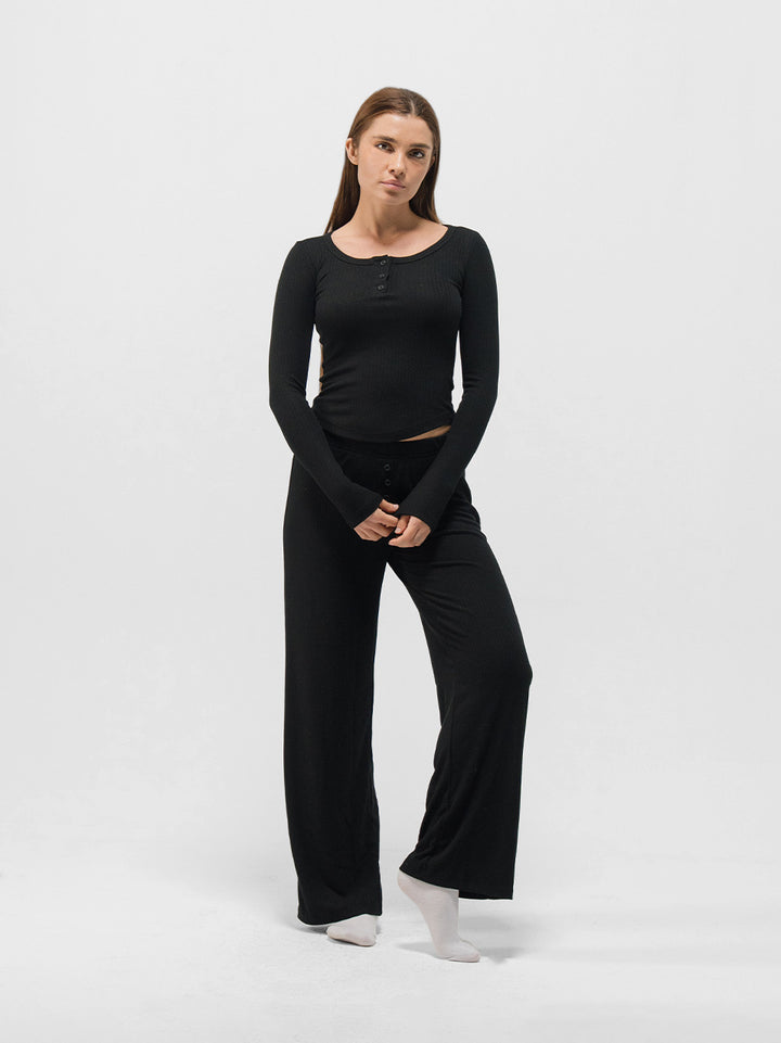 RIBBED COTTON BUTTON UP LONG SLEEVE PANTS SET