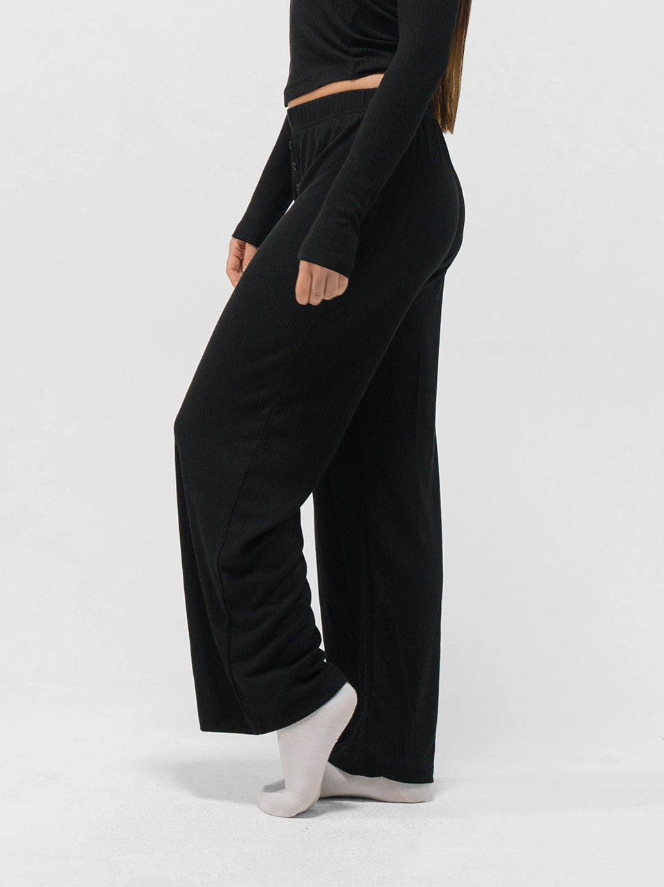 RIBBED COTTON BUTTON UP LONG SLEEVE PANTS SET