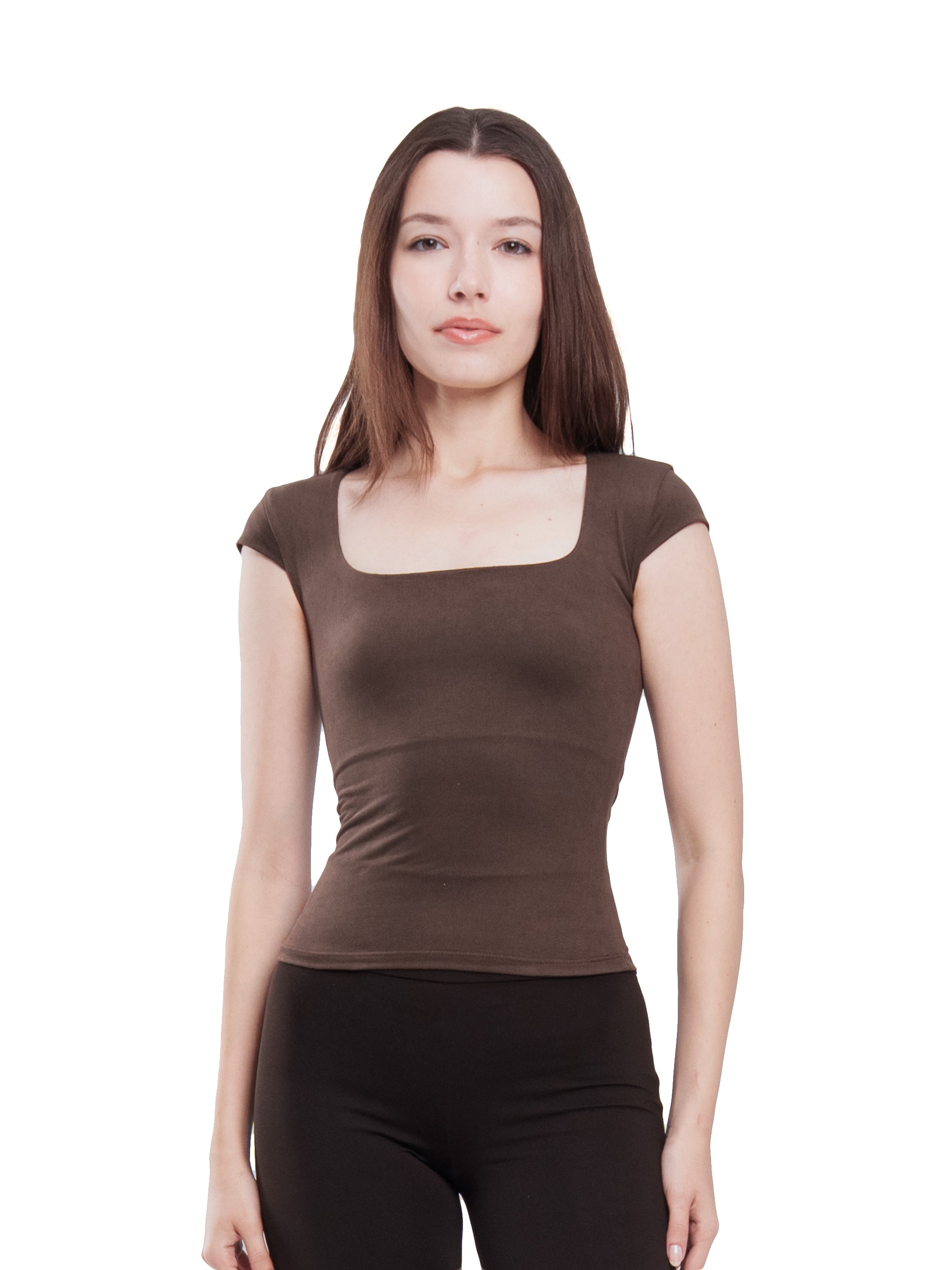 BROWN MICROFIBER SQUARE NECK TOP