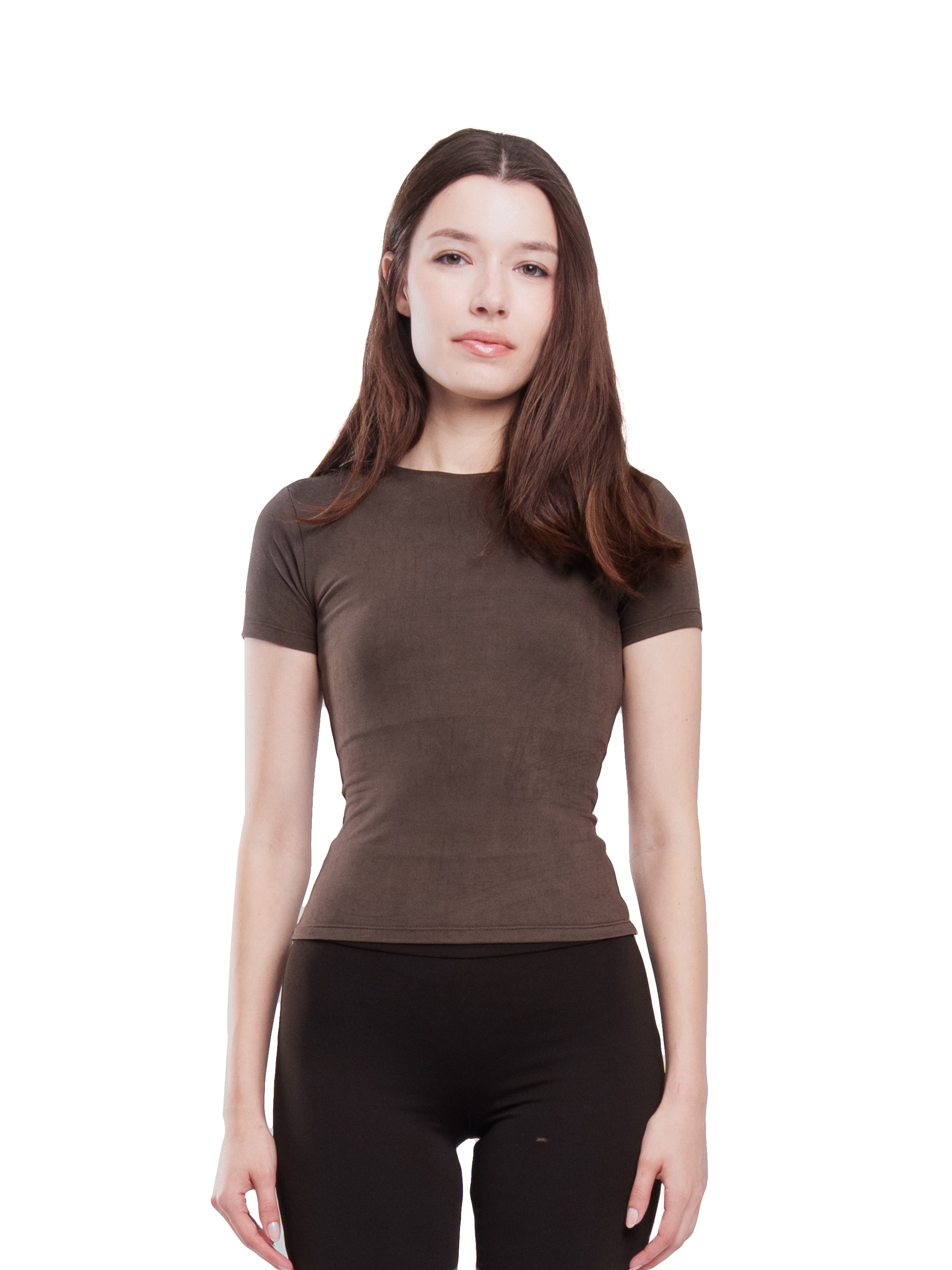 BROWN MICROFIBER BASIC SHORT SLEEVE TOP