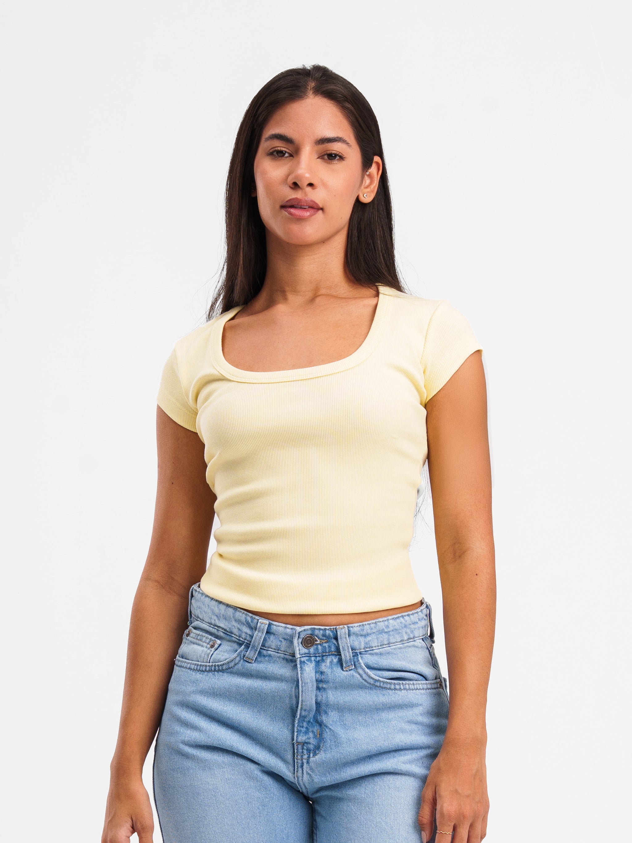 YELLOW RIBBED U-SHAPED SHORT SLEEVE TOP
