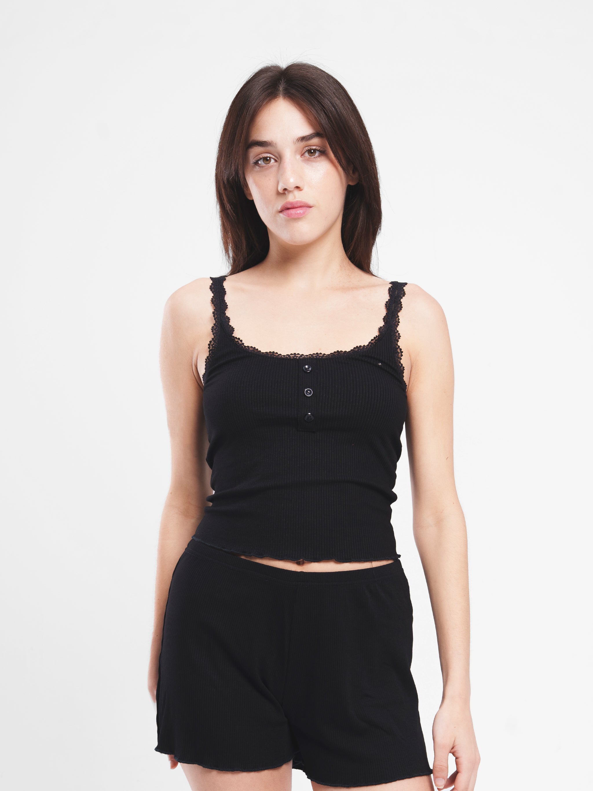 BLACK RIBBED LACE BUTTON UP SET
