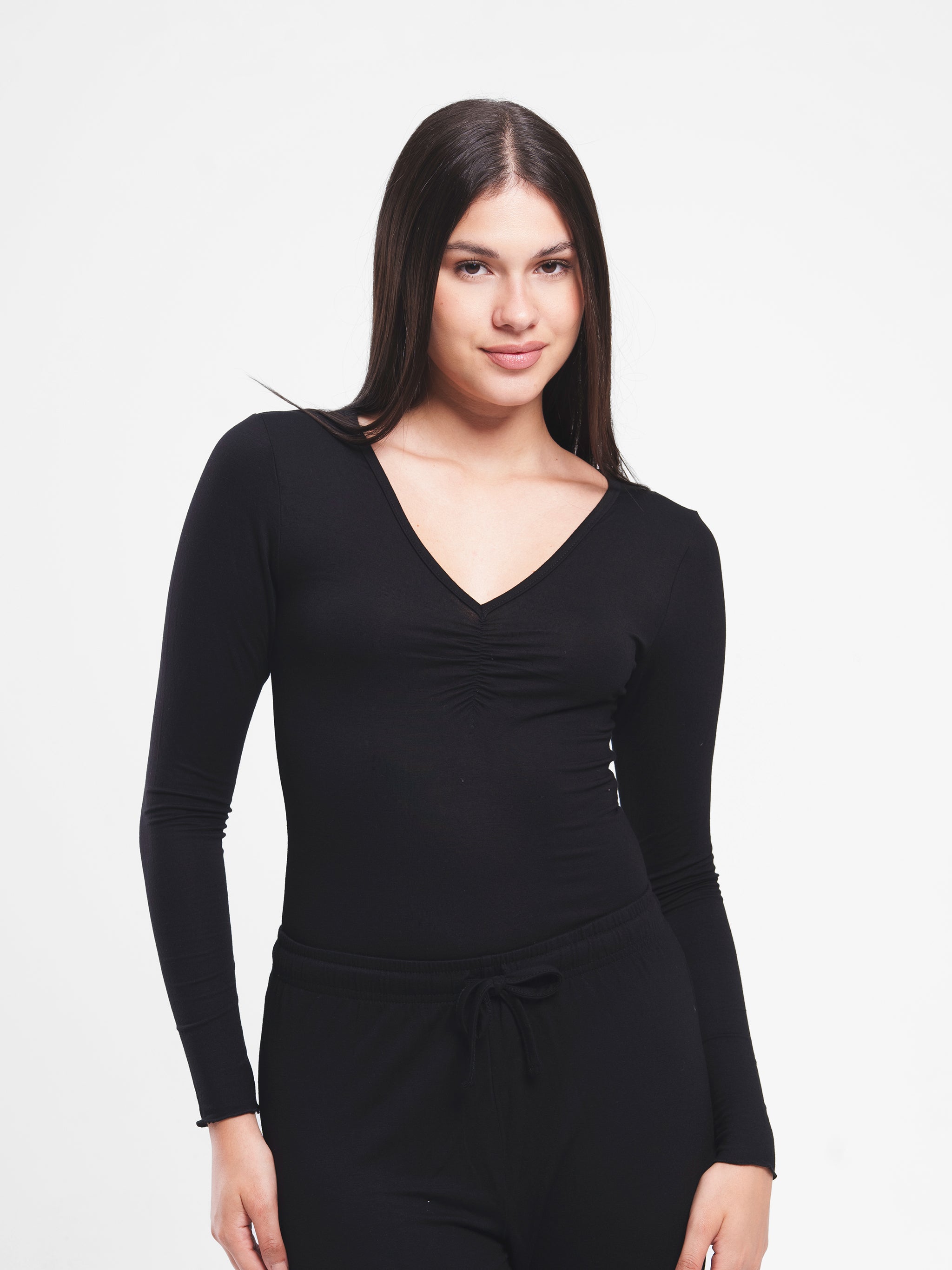 BLACK RUCHED LONG SLEEVE SET