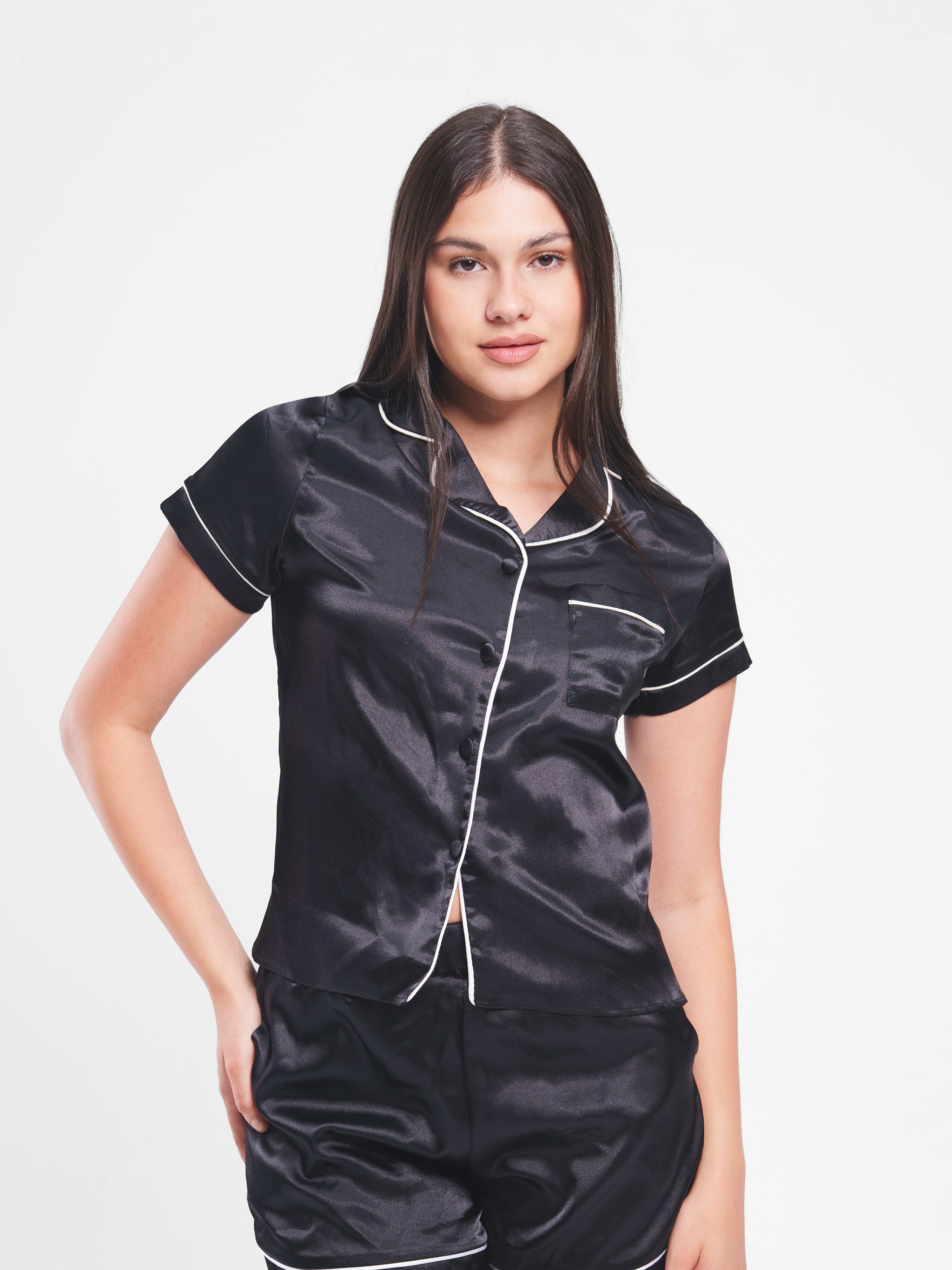 BLACK SATIN BUTTON UP PIPED SET