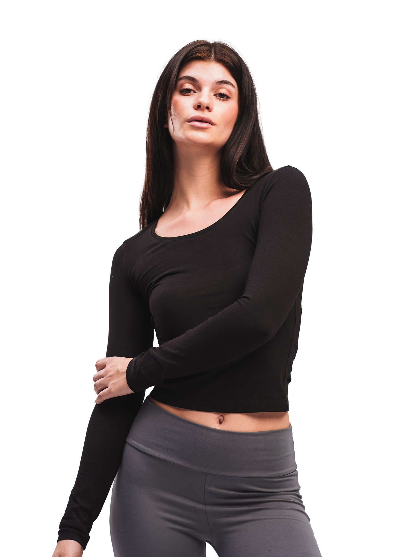 BLACK U-SHAPED LONG SLEEVE TOP