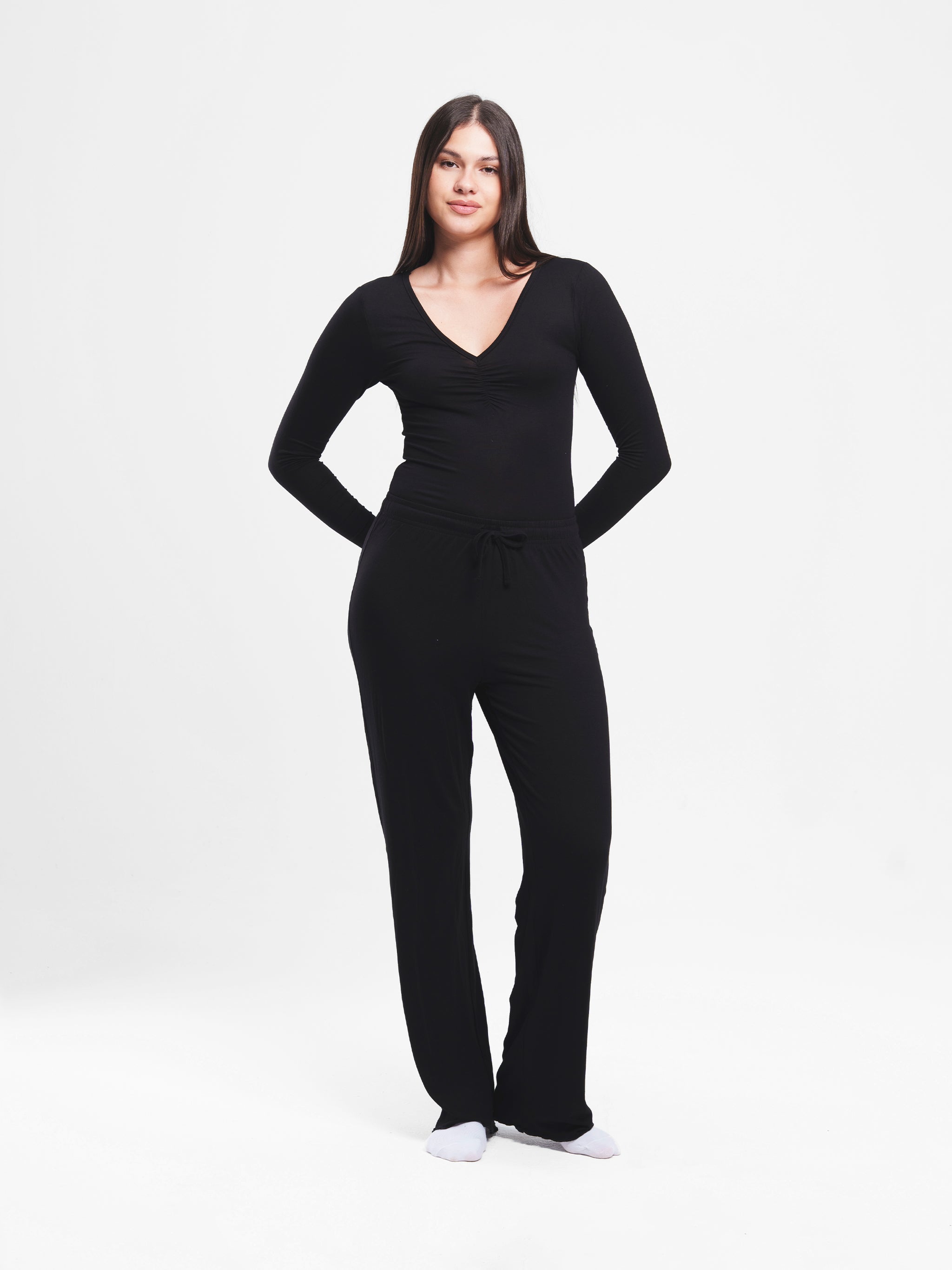 BLACK RUCHED LONG SLEEVE SET