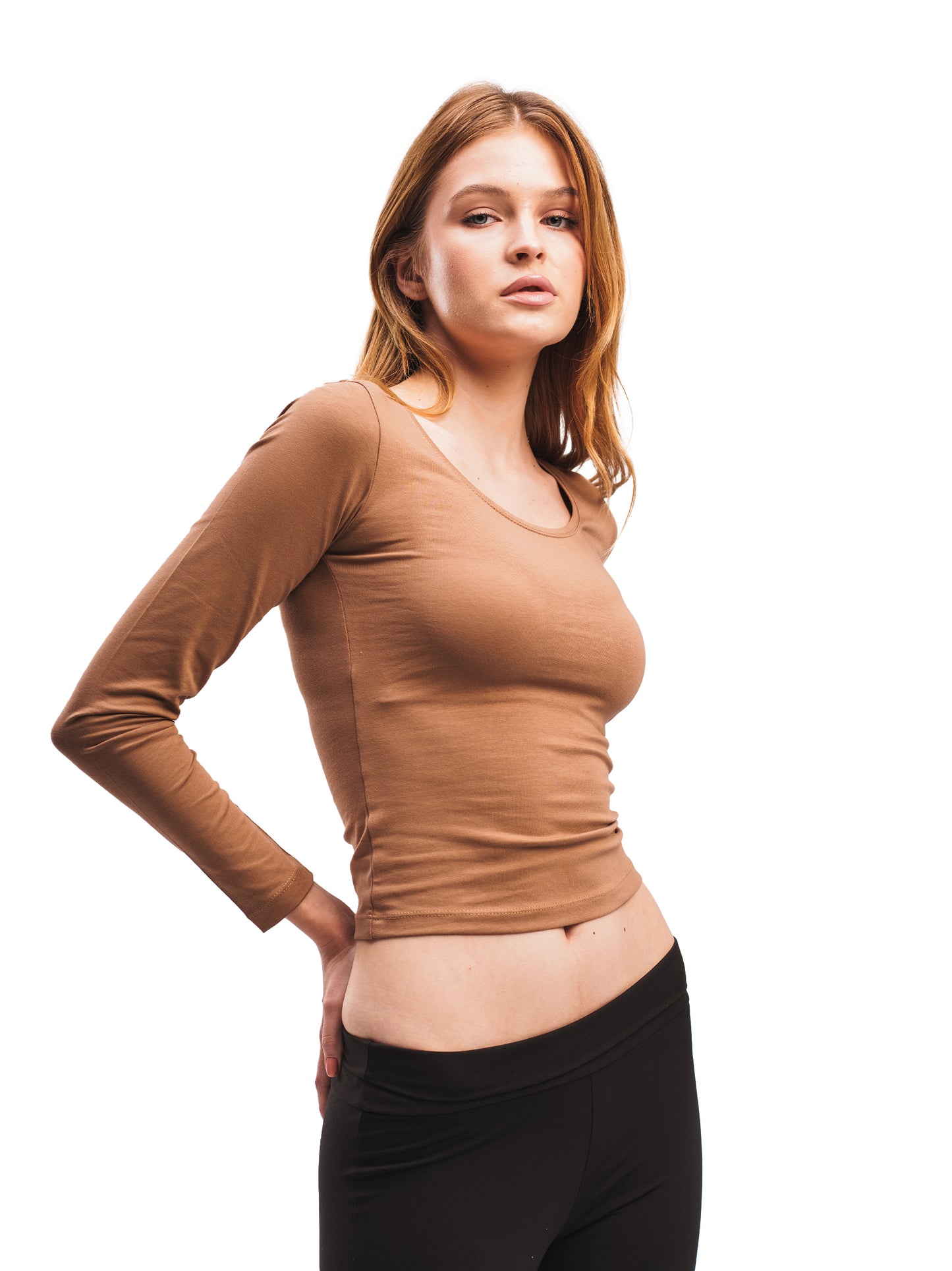 CHOCOLATE BROWN U-SHAPED LONG SLEEVE TOP