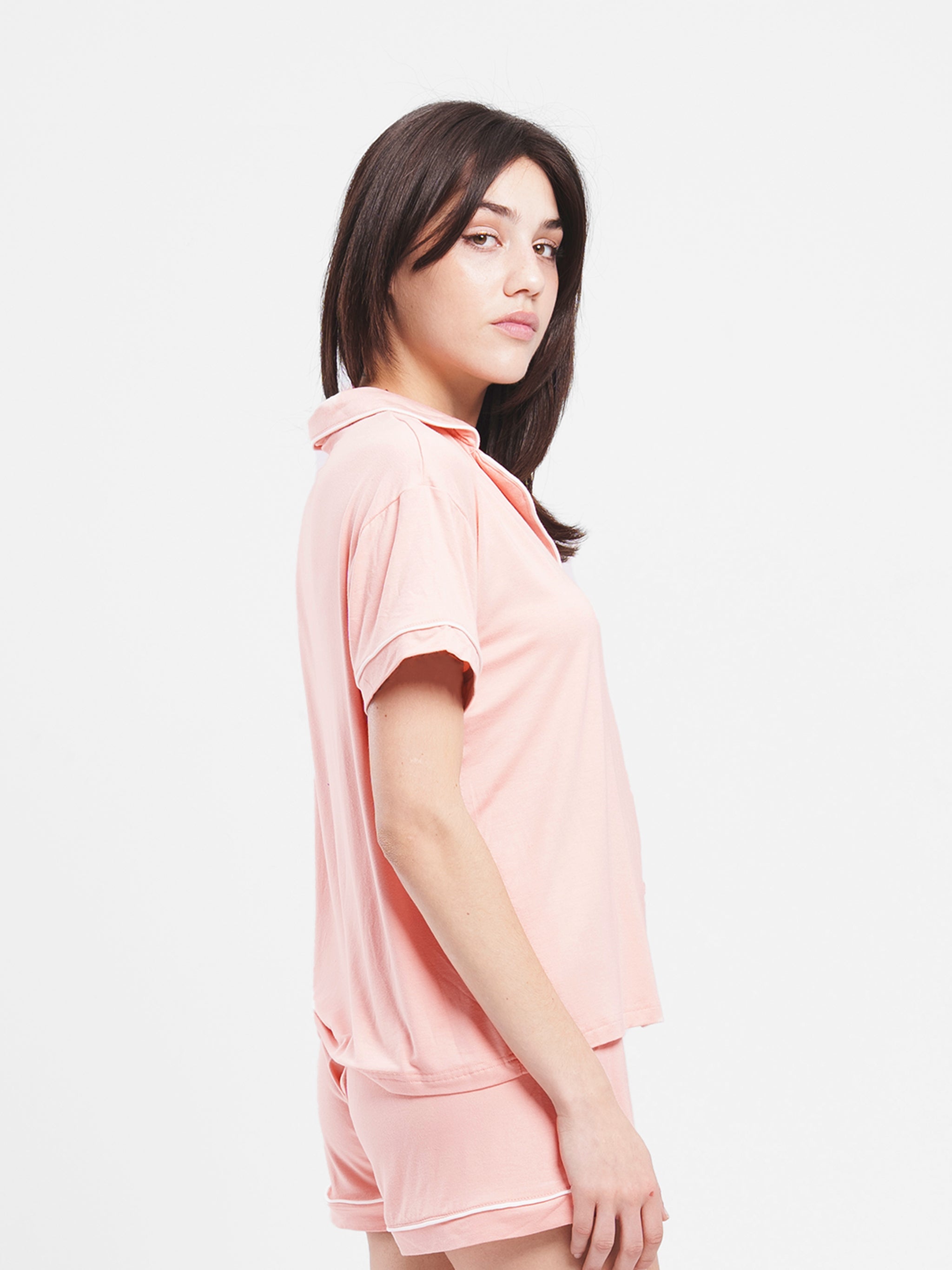 CORAL COTTON BUTTON UP PIPED SET
