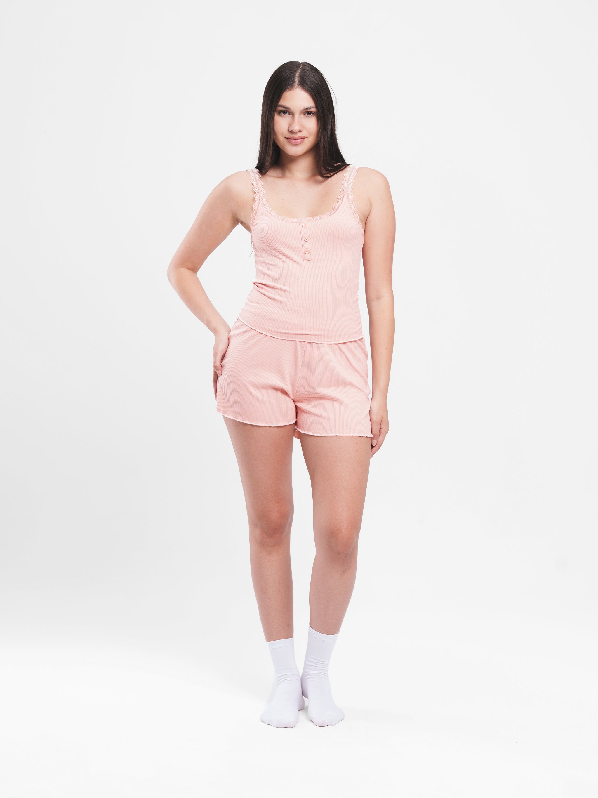 CORAL RIBBED LACE BUTTON UP SET