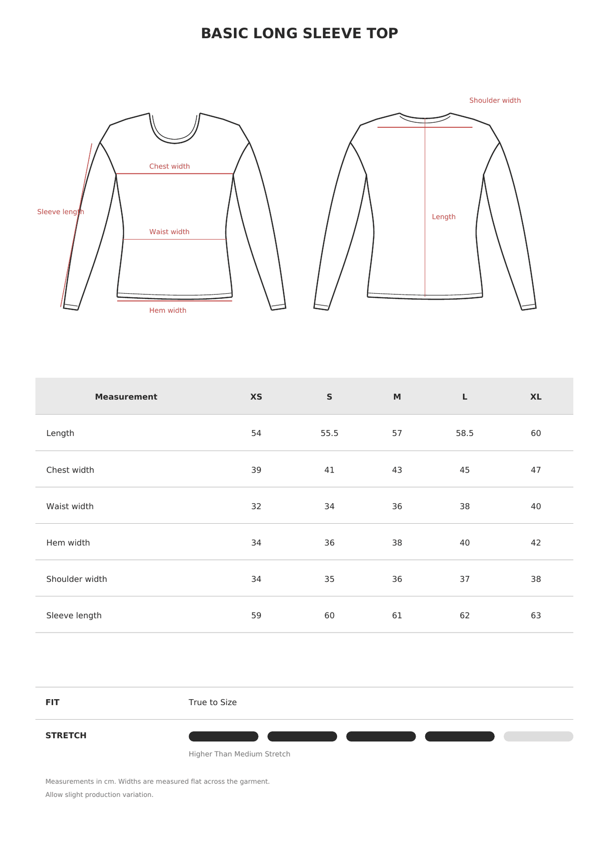 Basic Long Sleeve Top size guide