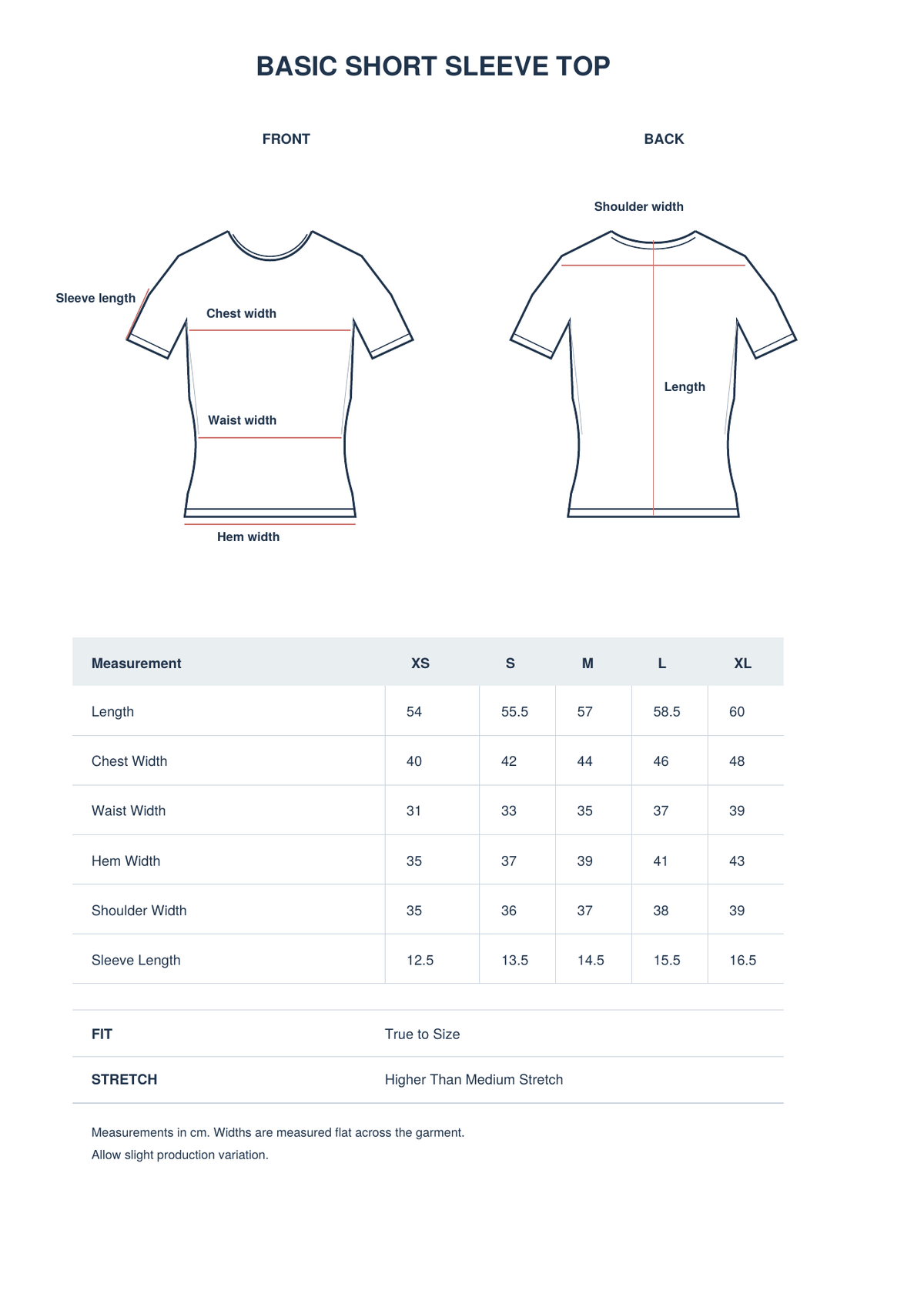 Basic Short Sleeve Top size guide