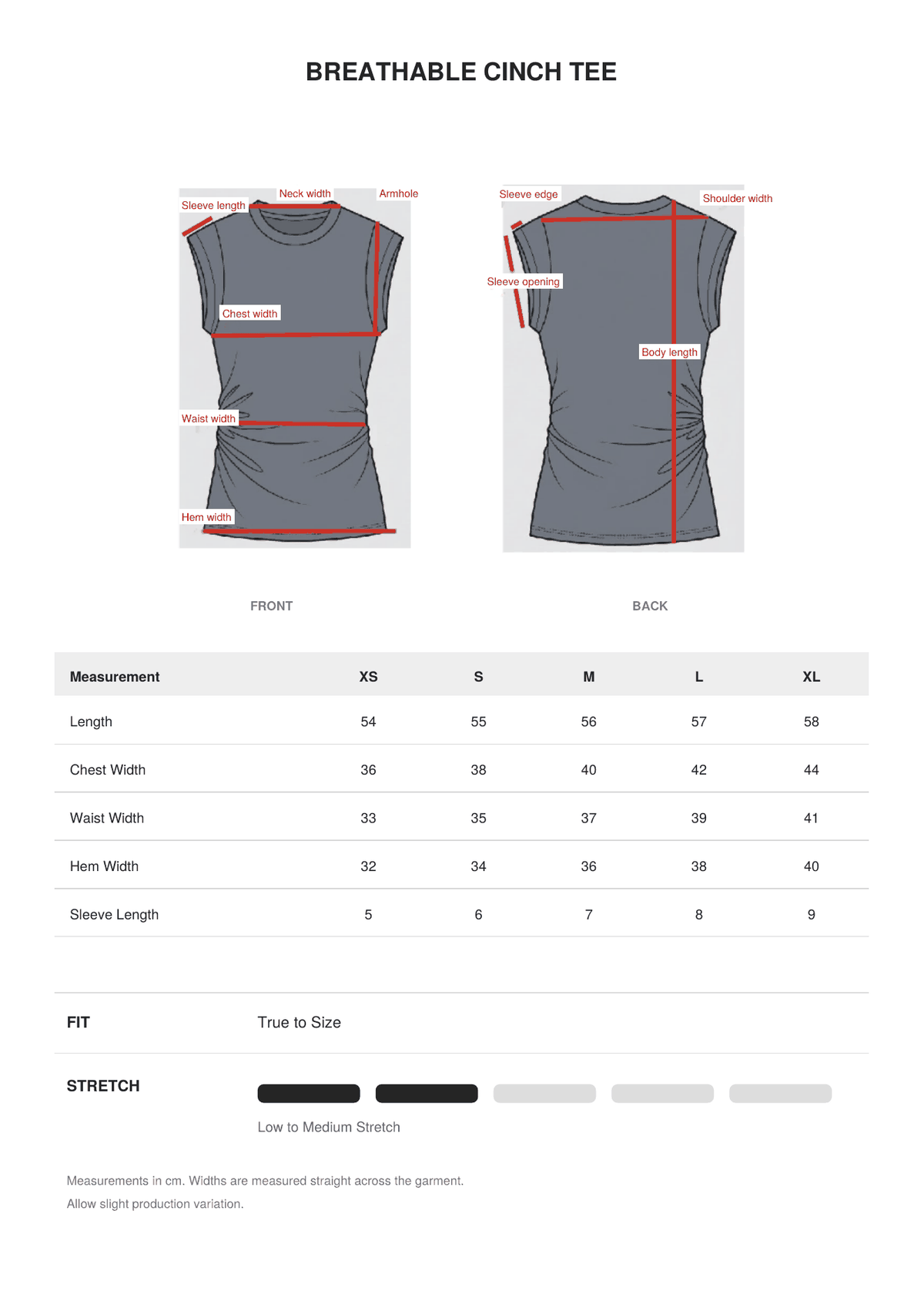 Breathable Cinch Tee size guide