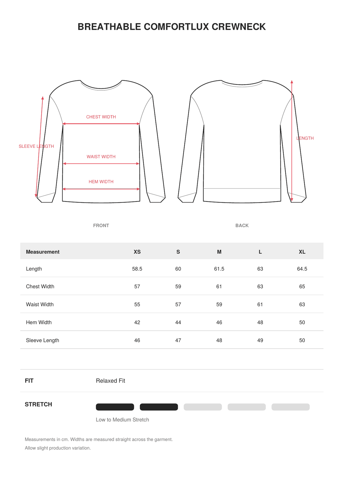 Breathable Comfortlux Crewneck size guide