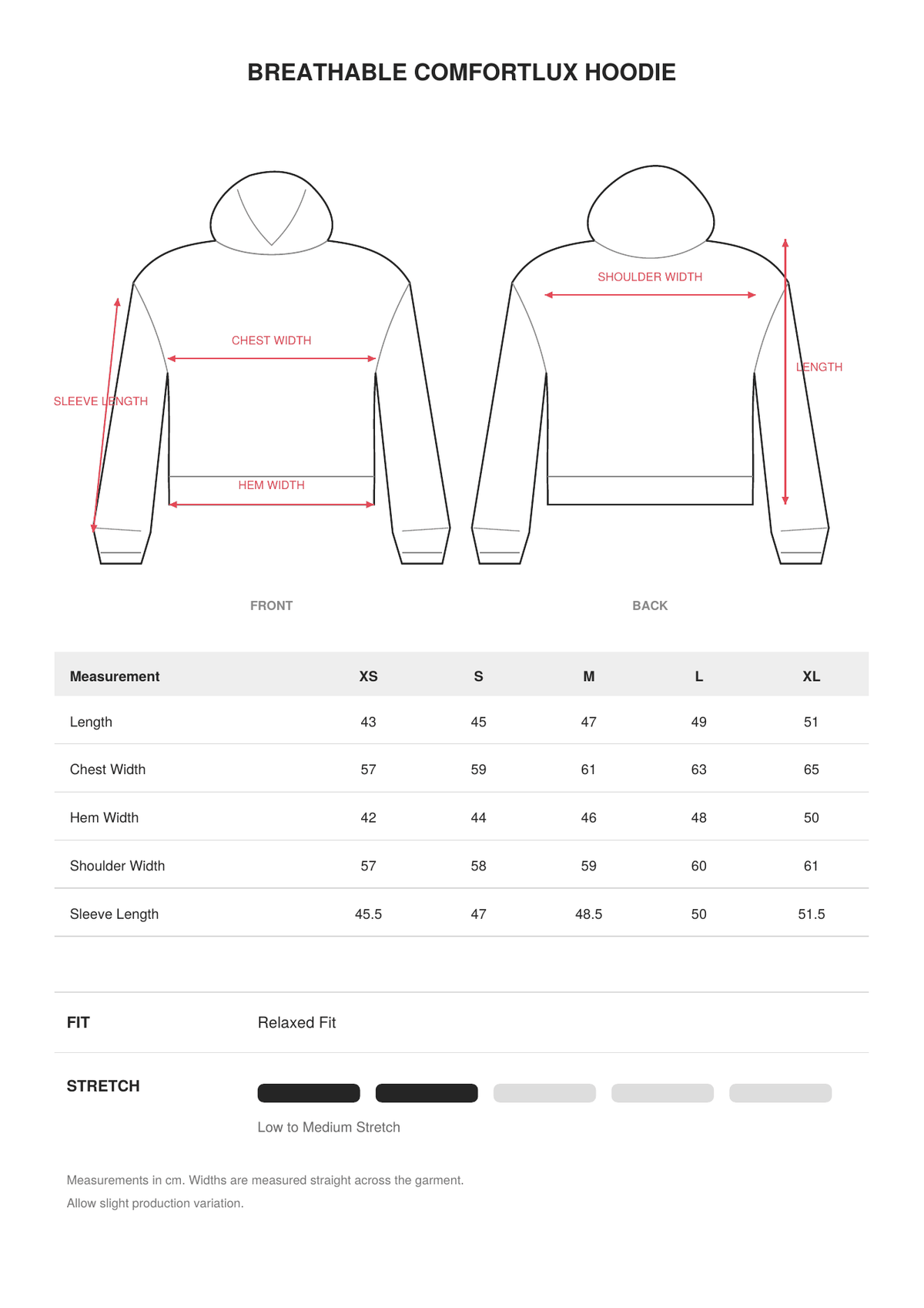 Breathable Comfortlux Hoodie size guide