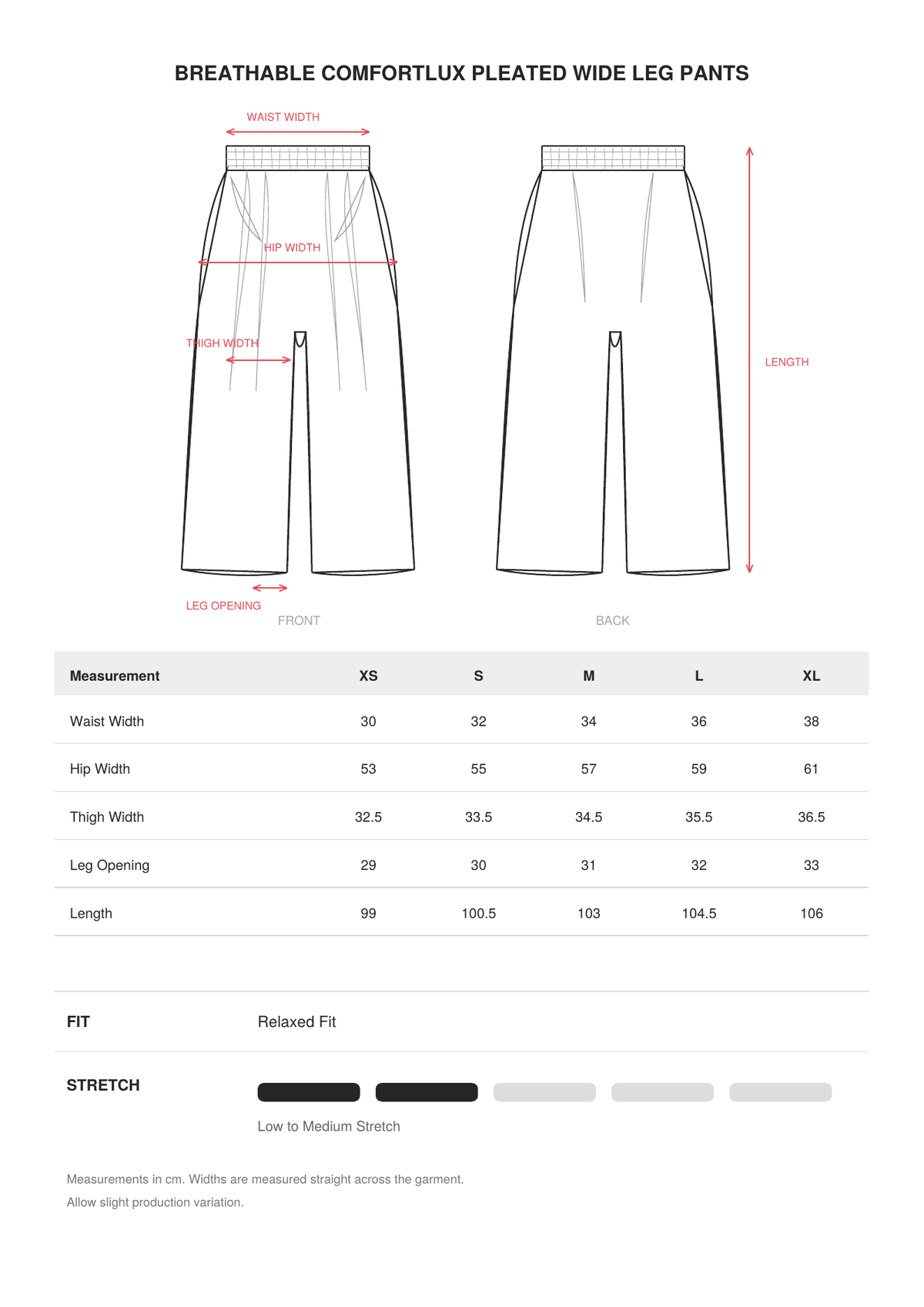 Breathable Comfortlux Pleated Wide Leg Pants size guide