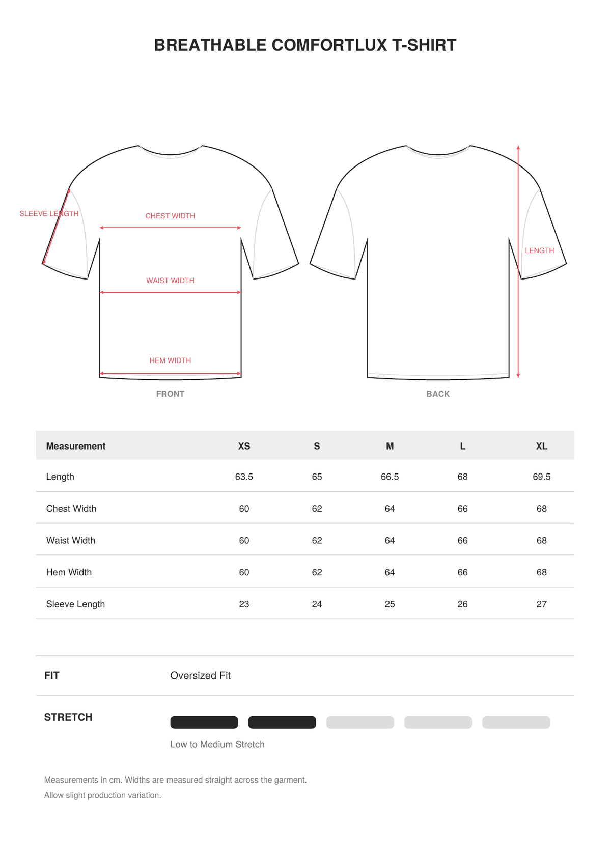 Breathable Comfortlux T-Shirt size guide