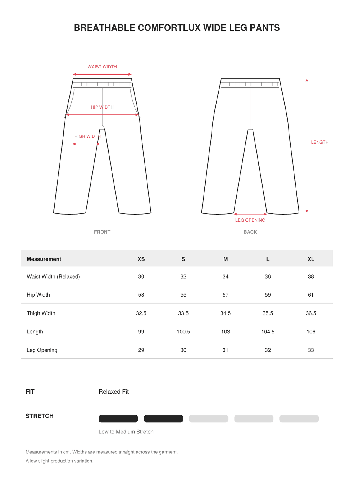 Breathable Comfortlux Wide Leg Pants size guide