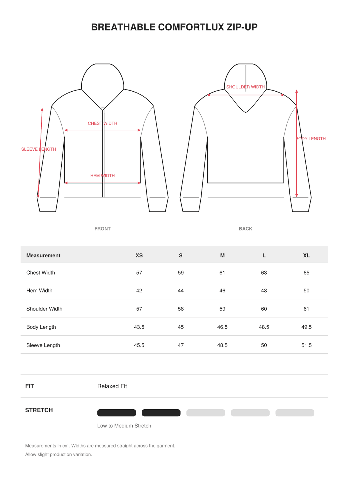 Breathable Comfortlux Zip-Up size guide