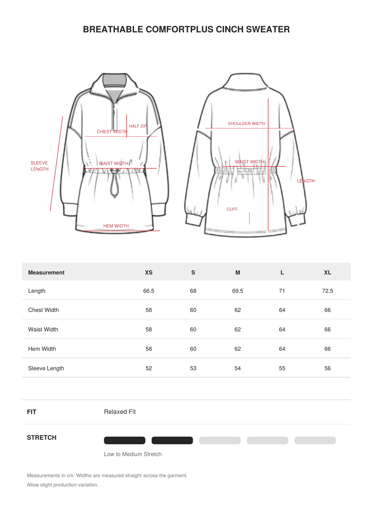 Breathable Comfortplus Cinch Sweater size guide