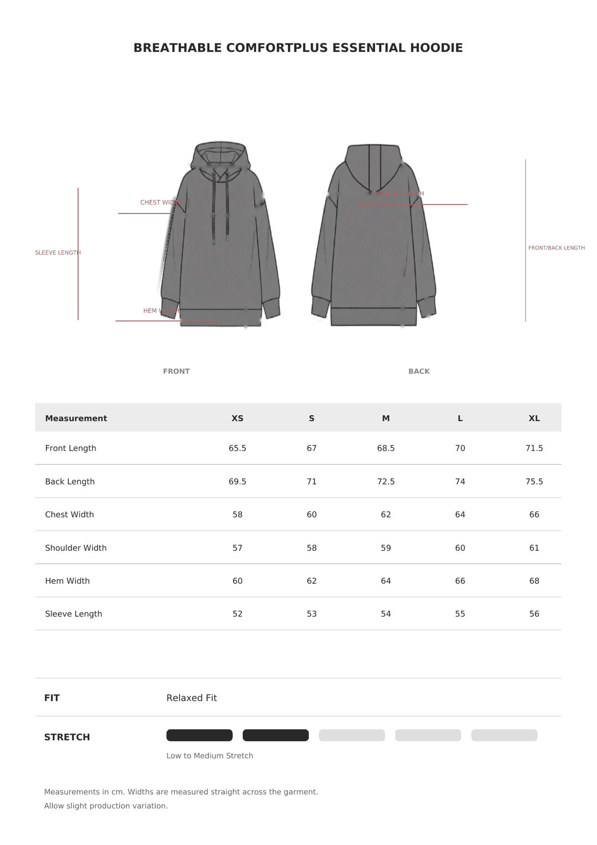 Breathable Comfortplus Essential Hoodie size guide
