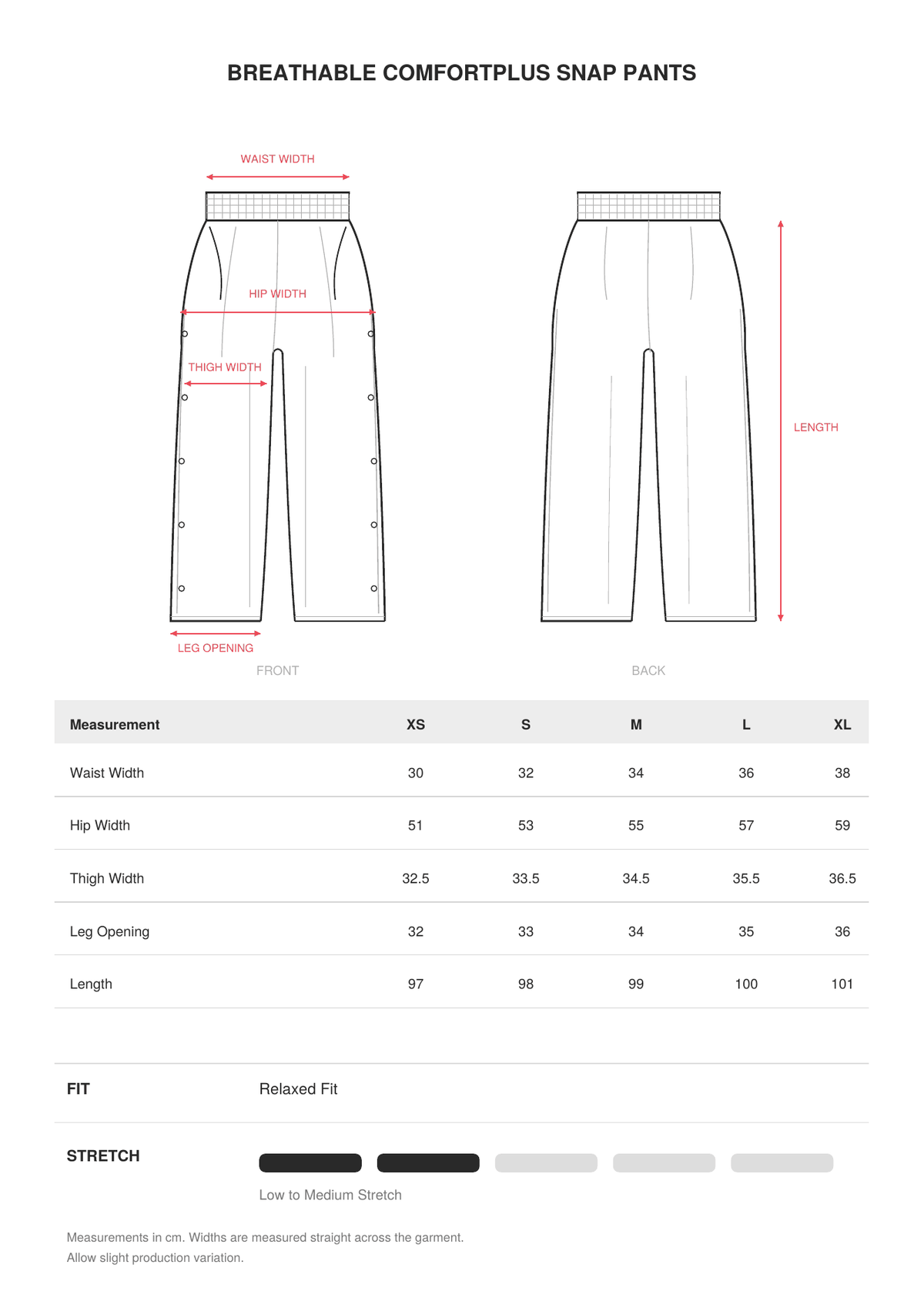 Breathable Comfortplus Snap Pants size guide