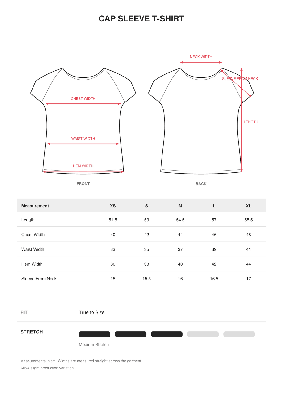 Cap Sleeve T-Shirt size guide