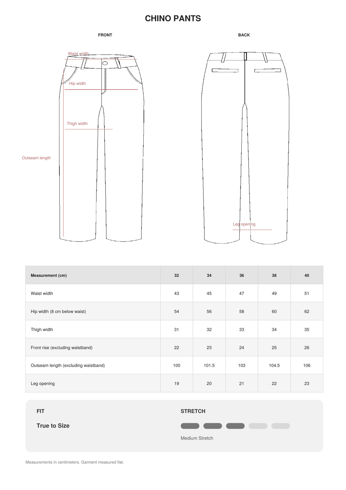 Chino Pants size guide