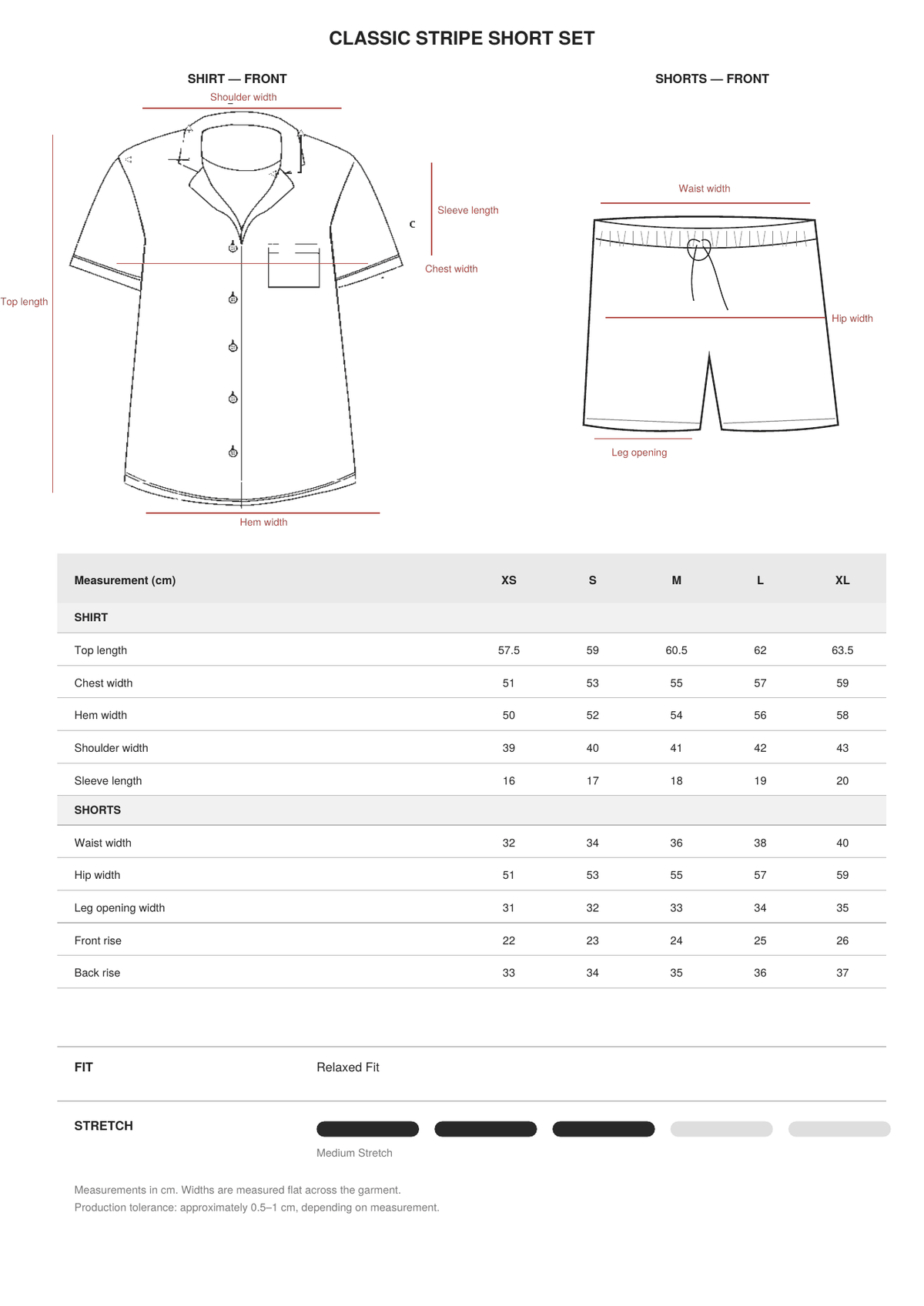 Classic Stripe Short Set size guide