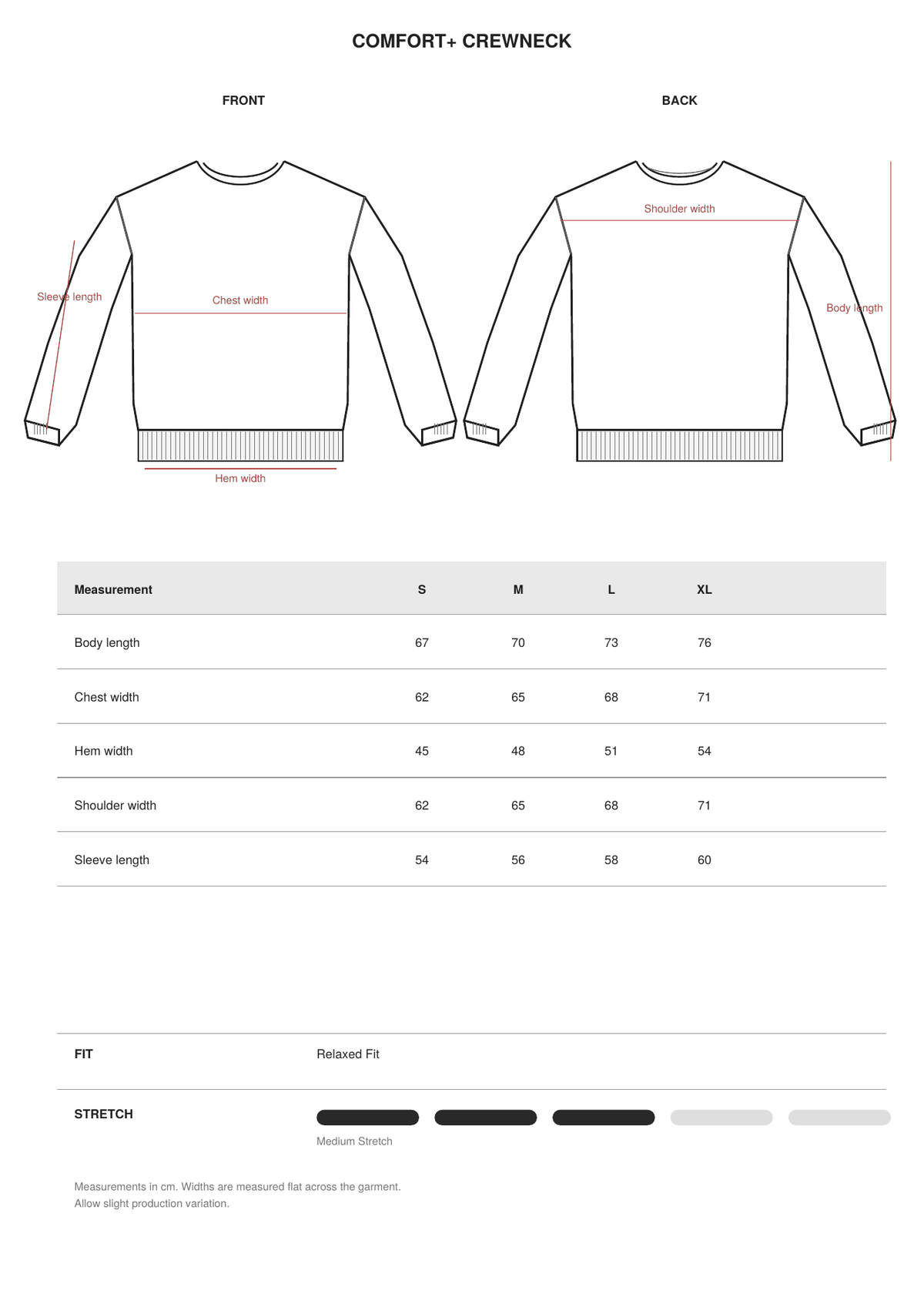 Comfort+ Crewneck size guide