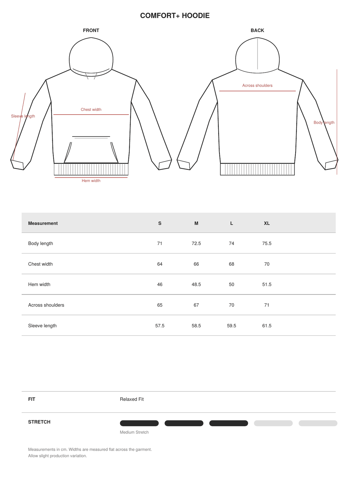 Comfort+ Hoodie size guide
