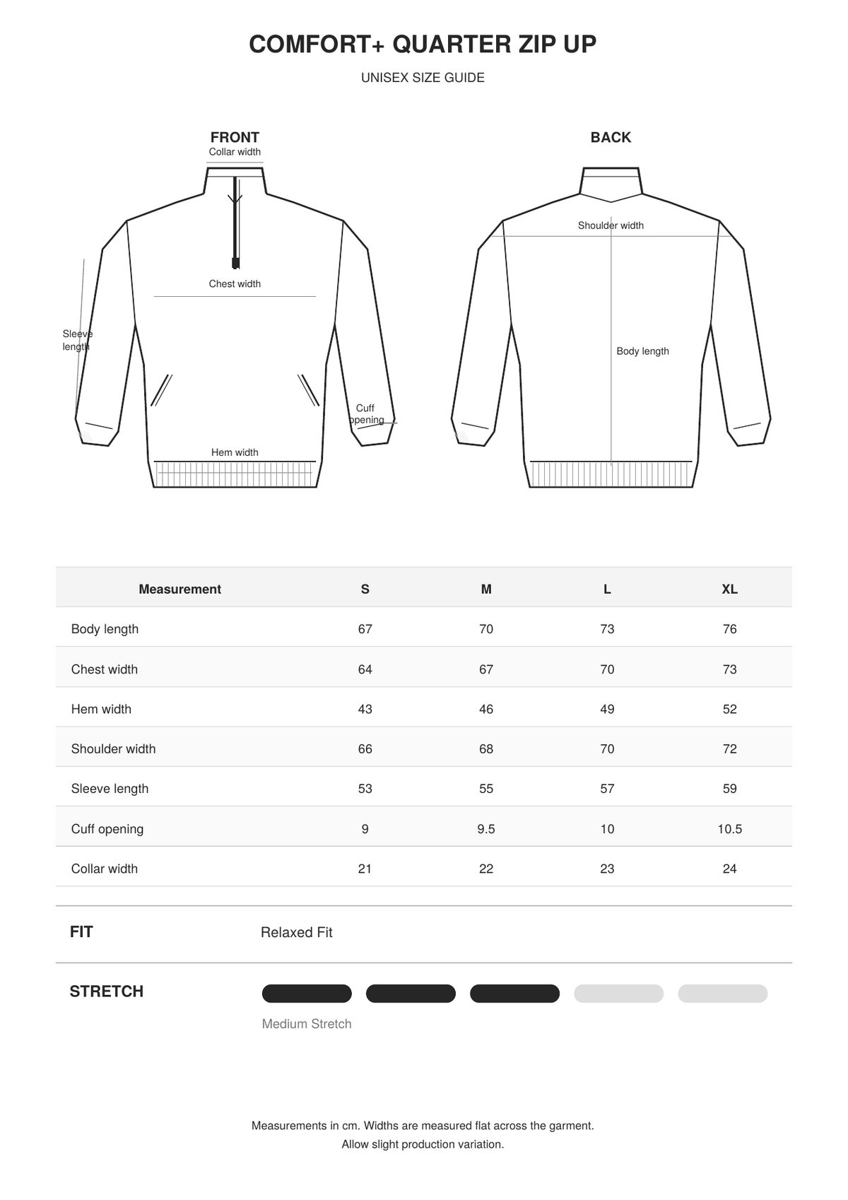 Comfort+ Quarter Zip Up size guide