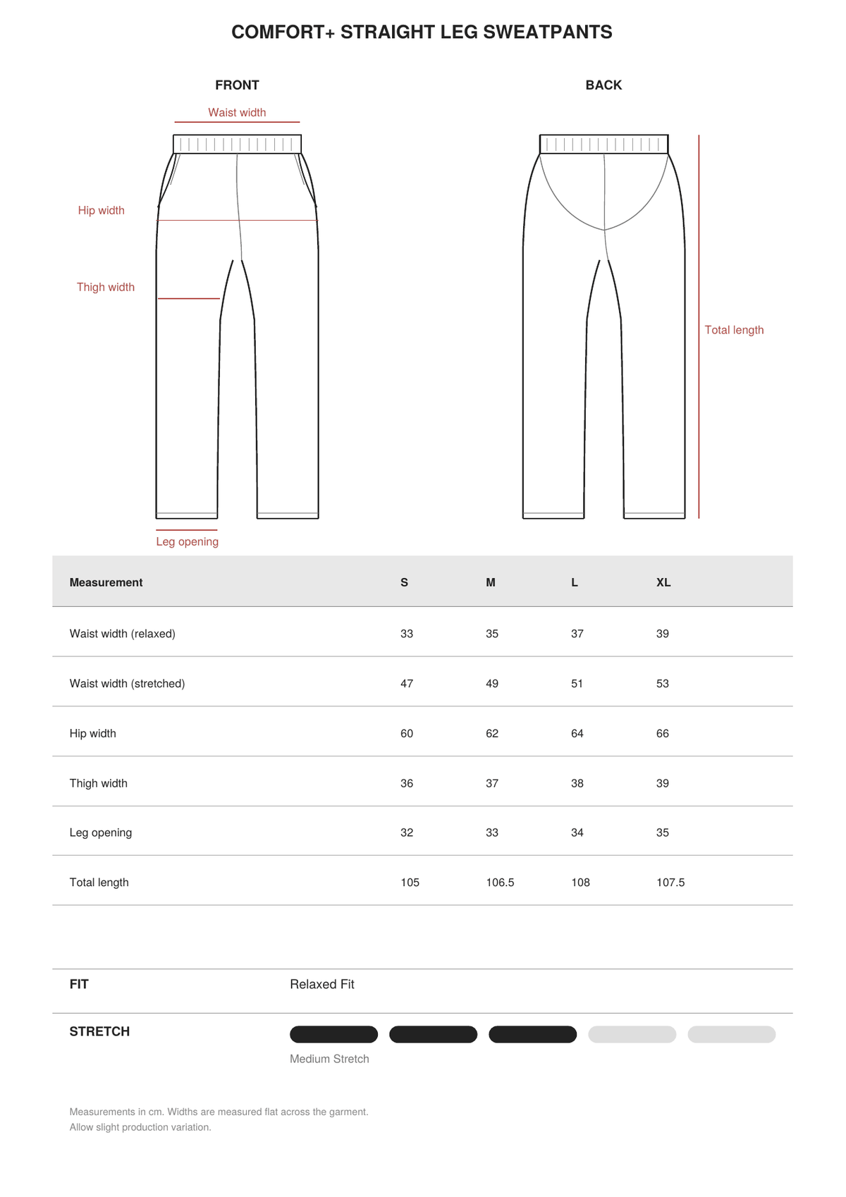 Comfort+ Straight Leg Sweatpants size guide