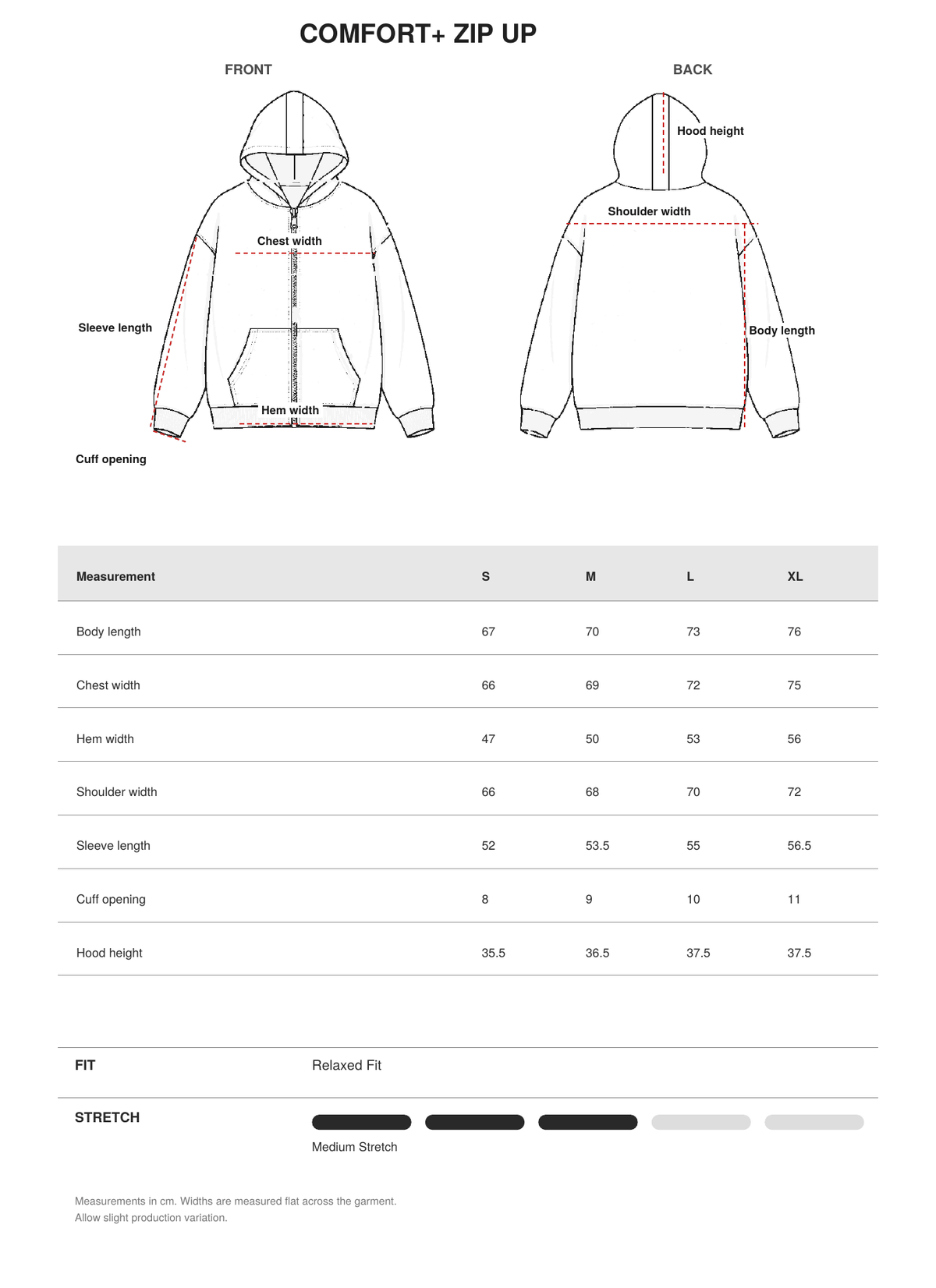 Comfort+ Zip Up size guide