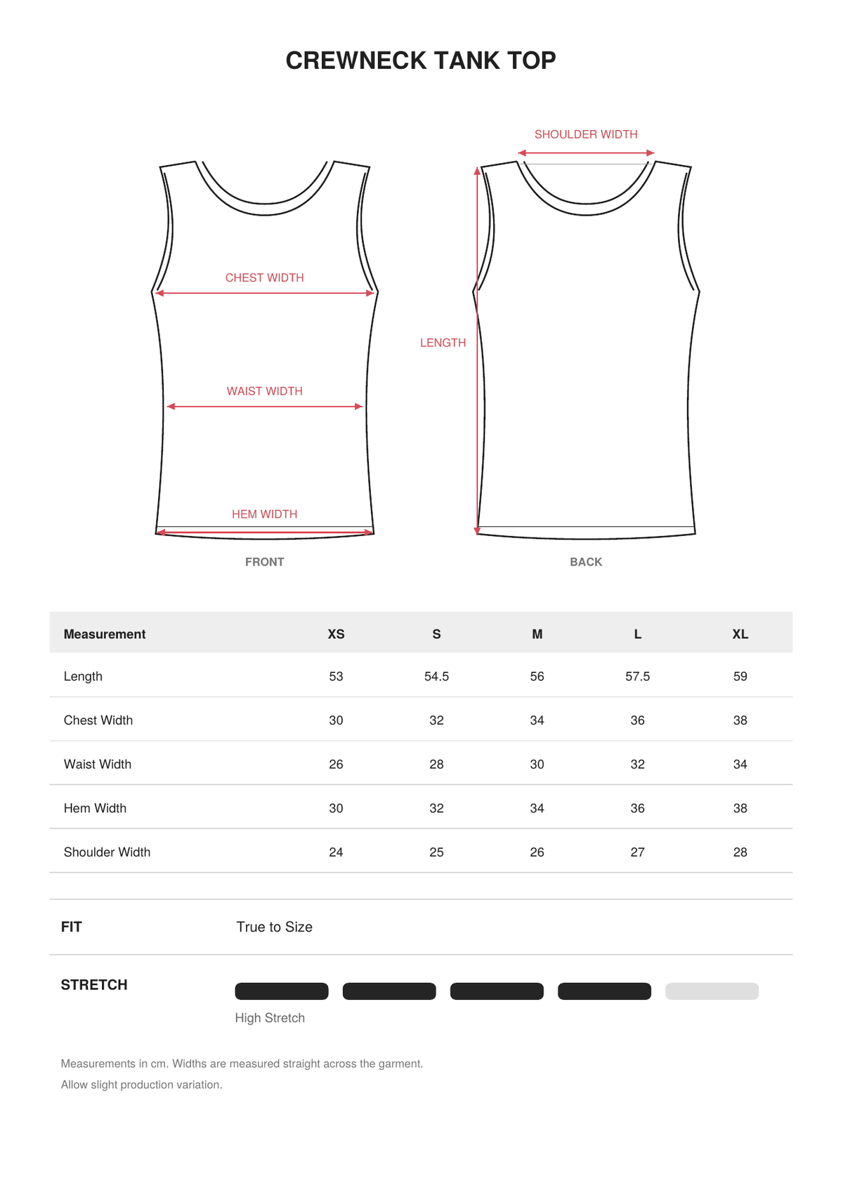 Crewneck Tank Top size guide