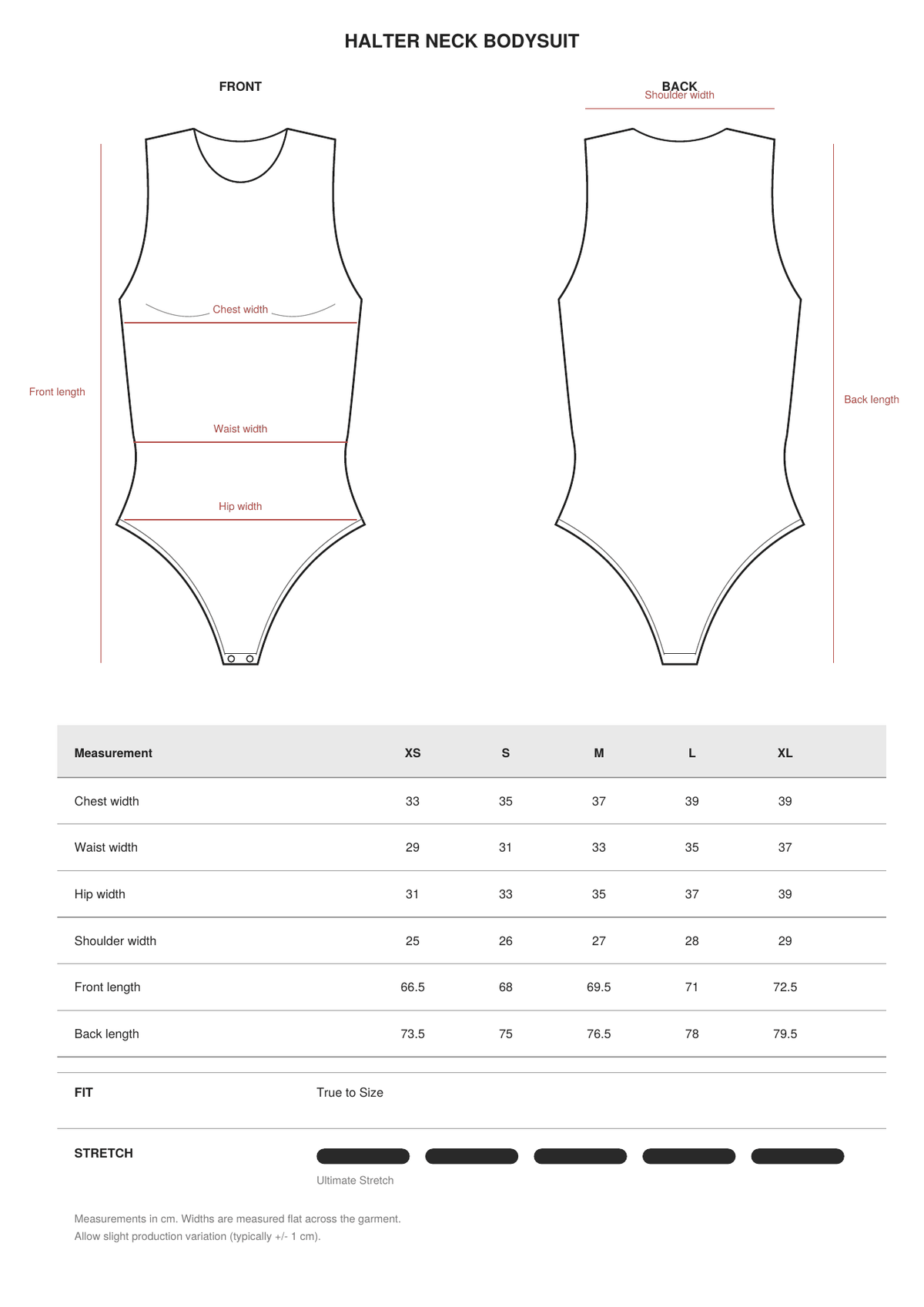 Halter Neck Bodysuit size guide