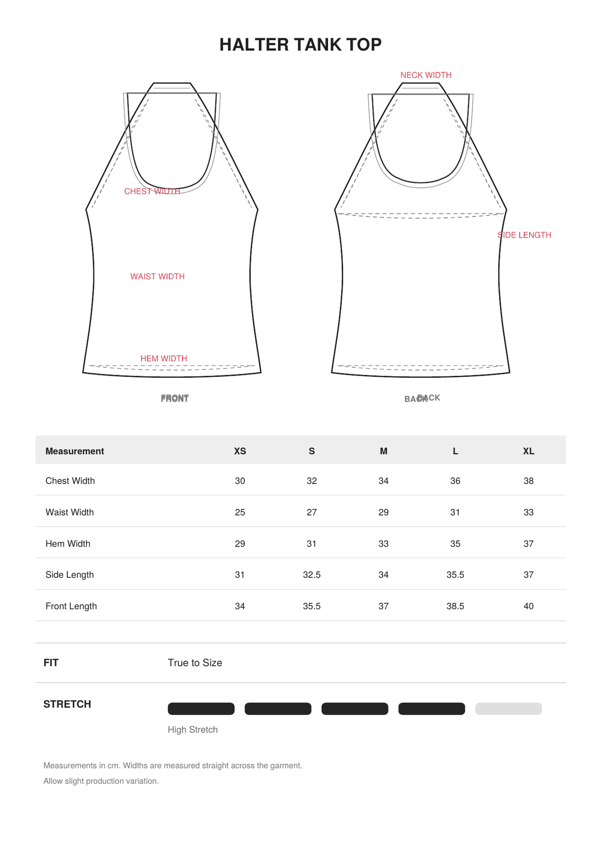 Halter Tank Top size guide