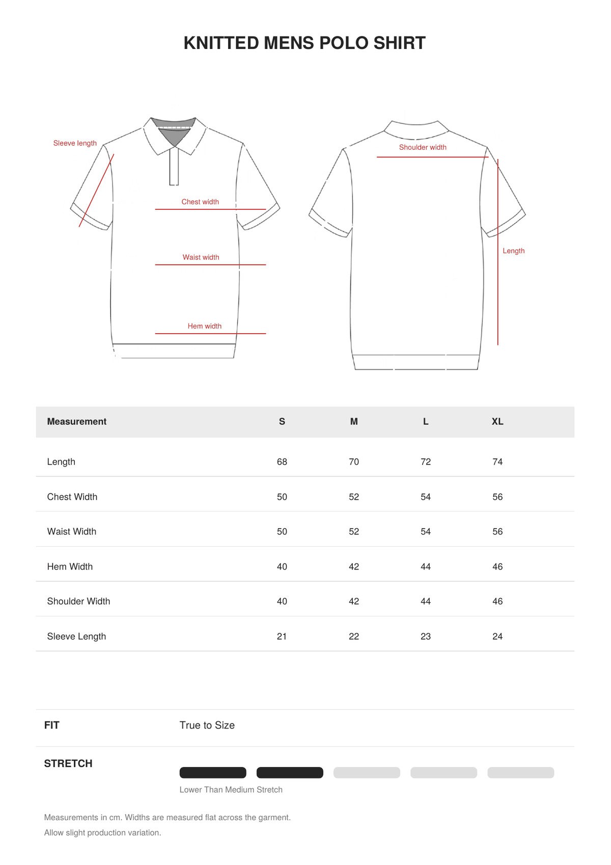 Knitted Mens Polo Shirt size guide