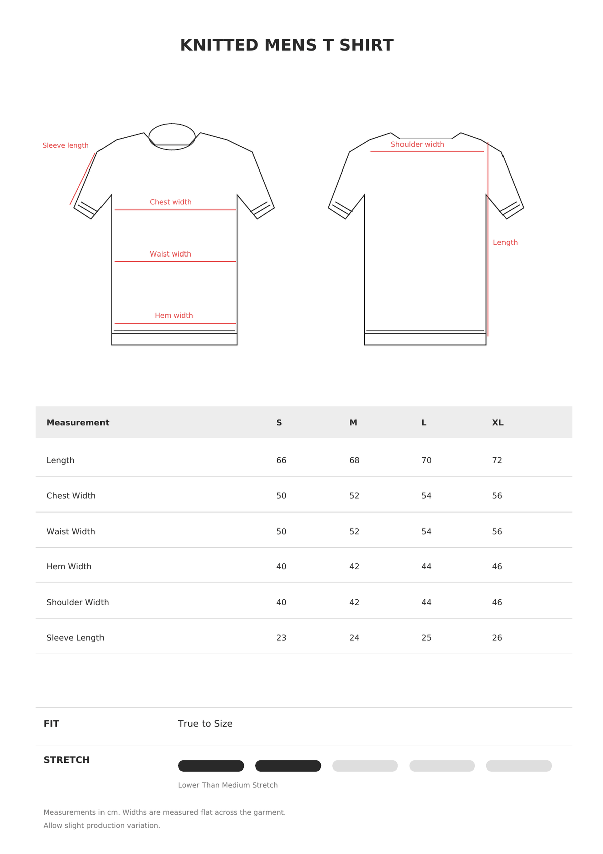 Knitted Mens T Shirt size guide